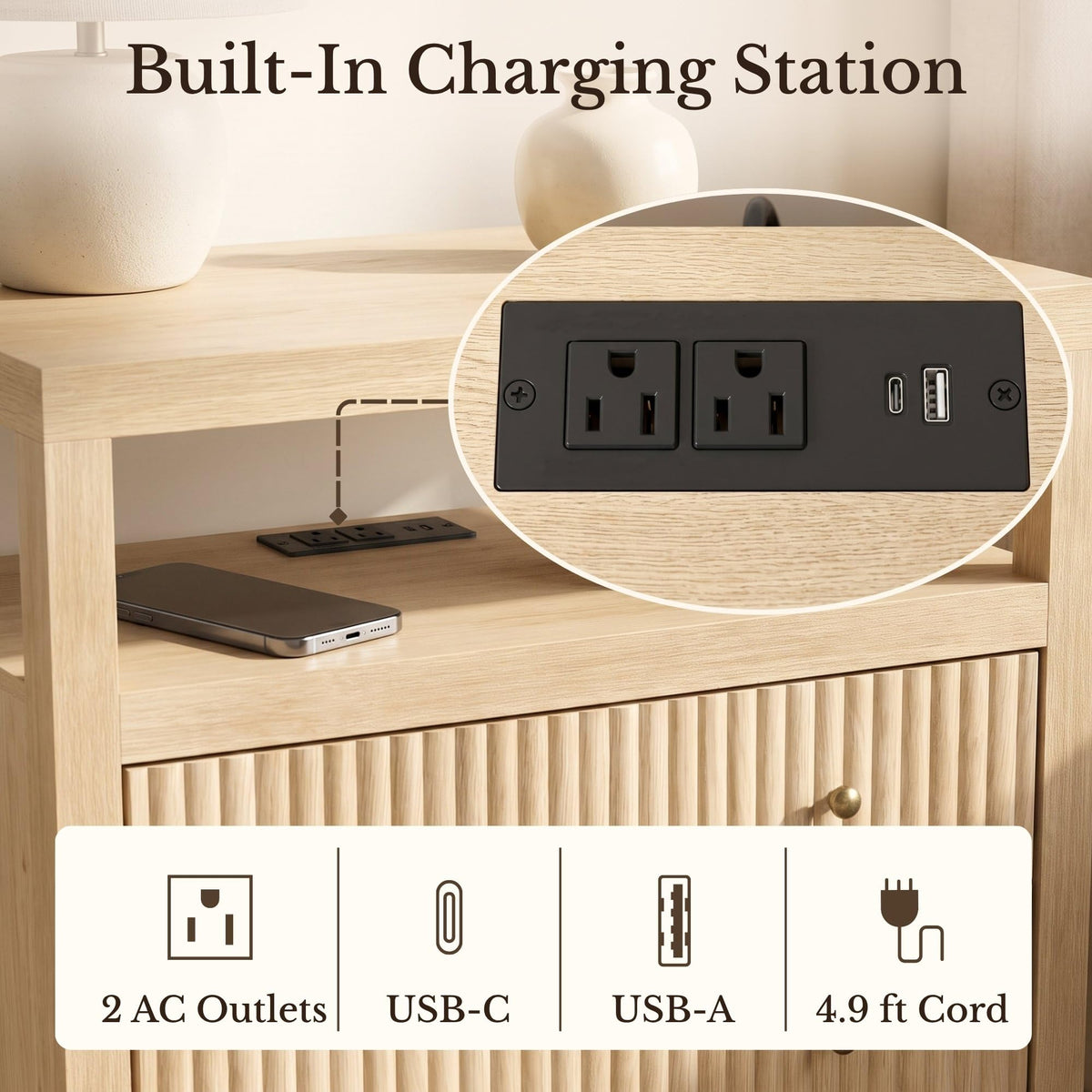 AURELIA LEVEAUX 26" Wide Natural Wood Fluted Charging Nightstands Set of 2