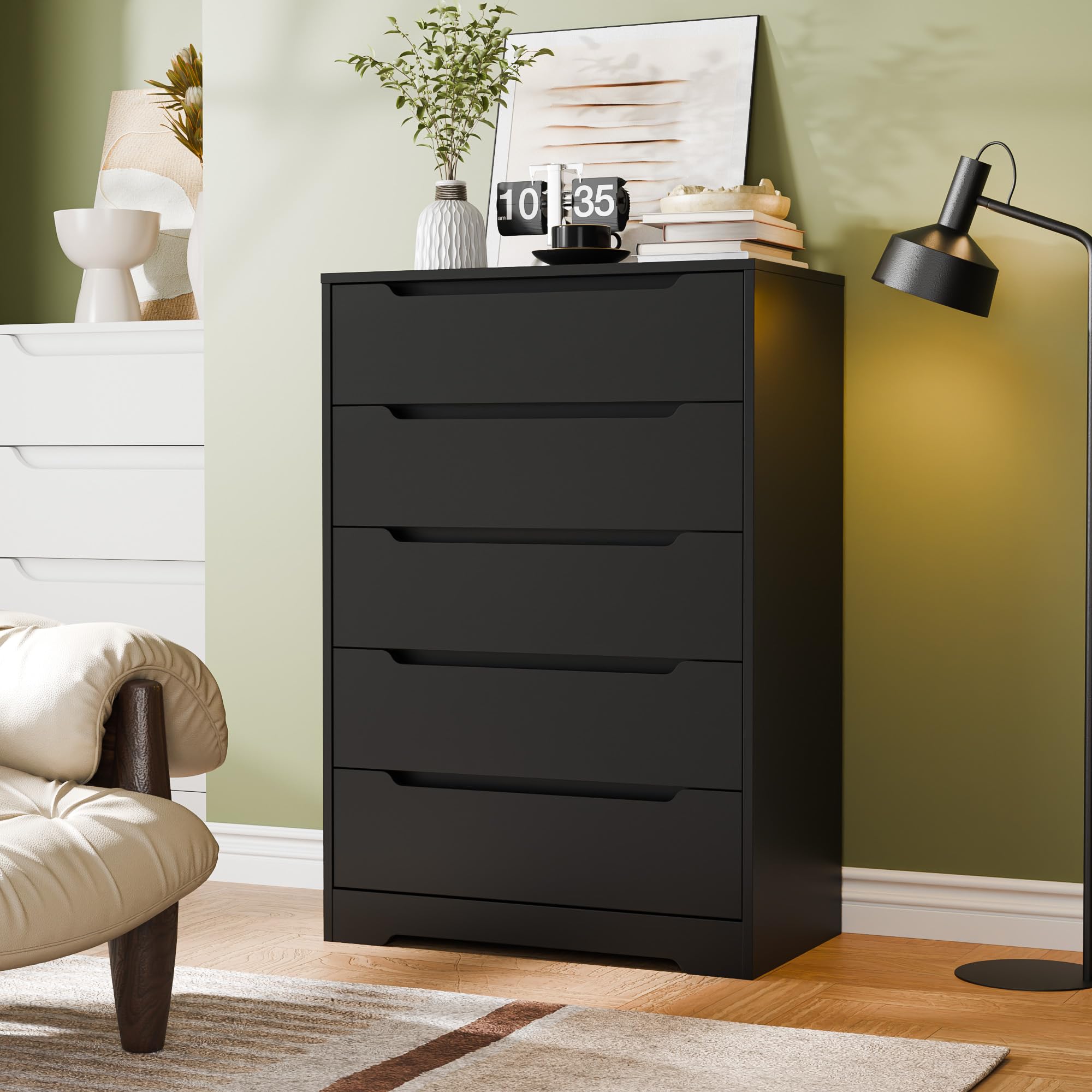 Cozy Castle 5 Drawer Dressers, Modern Chest of Drawers Large Organizer, Wood Accent Storage Cabinet for Living Room, Home Office, Entryway, Black