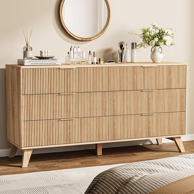Fluted 6-Drawer Dresser with Wood Legs