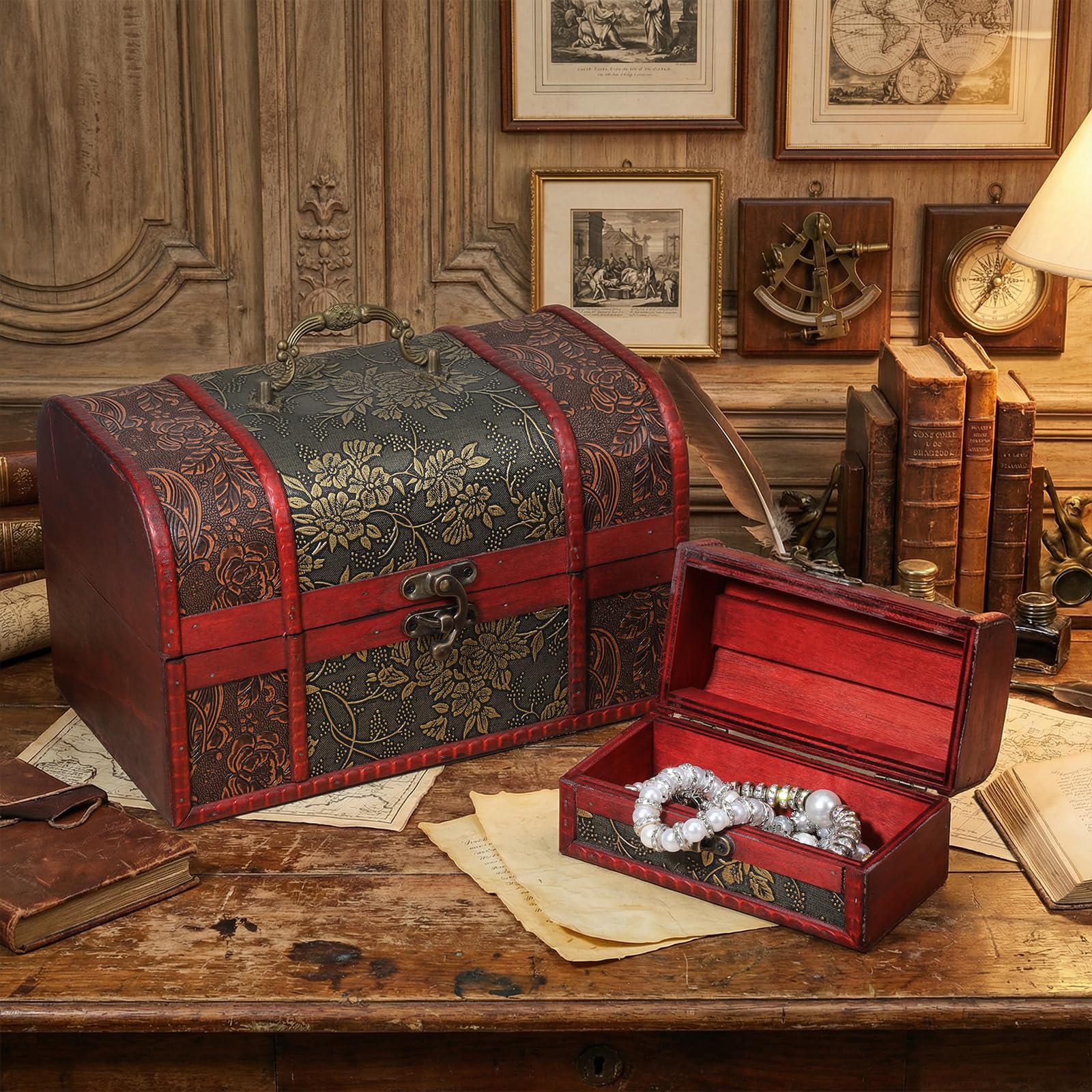 Vintage Wooden Treasure Chest Storage Box Set of 2