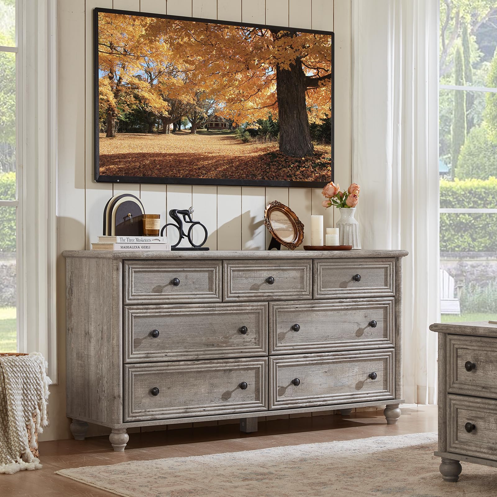 RWYHG Farmhouse Dresser and Nightstand Sets 4 Piece, Wooden 7 Drawers Dresser & 43.5" Tall Chest of Drawers, 18" Roman Column Nightstand Set of 2, Furniture Dressers for Bedroom, Living Room