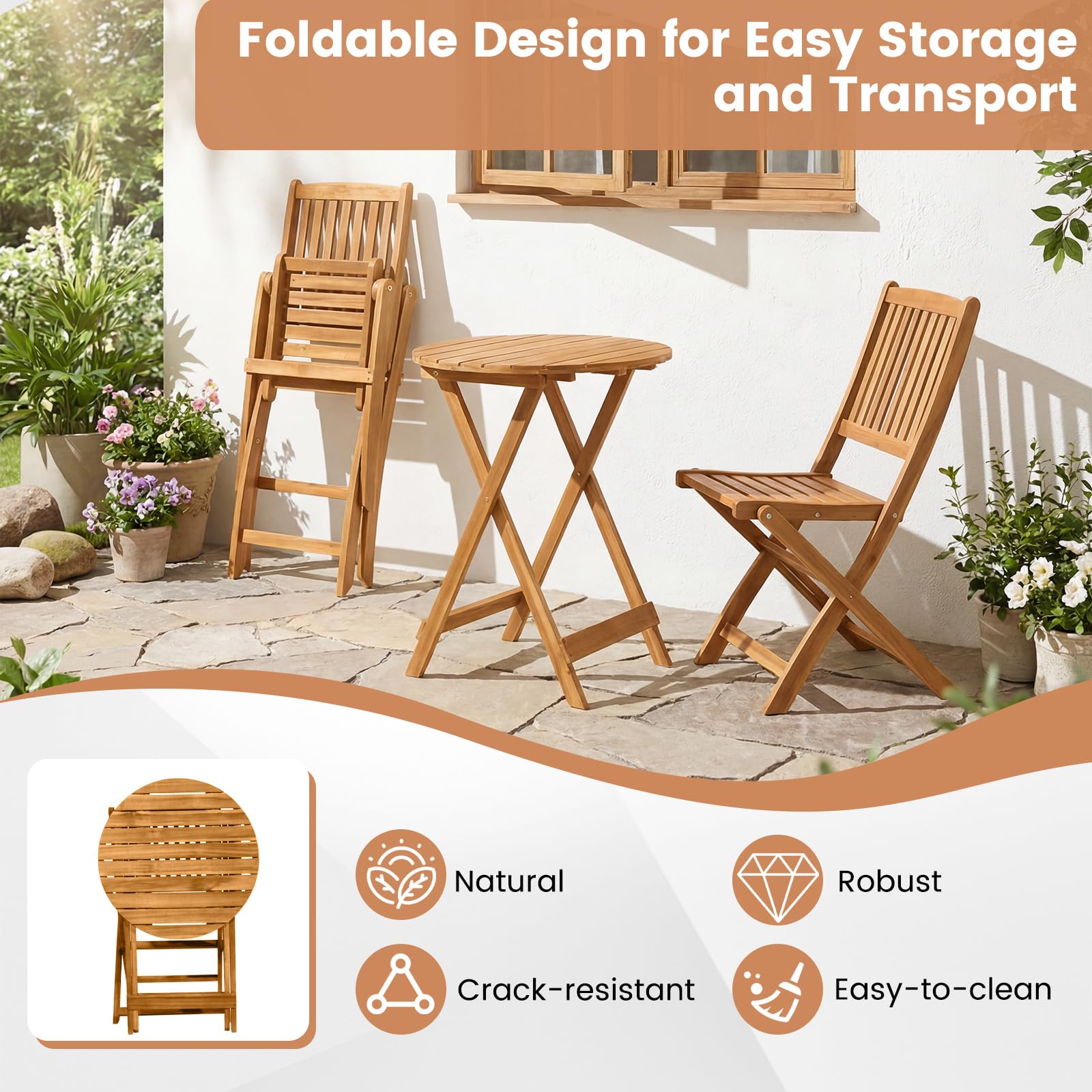 3-Piece Folding Acacia Wood Patio Bistro Set with Cushioned Chairs