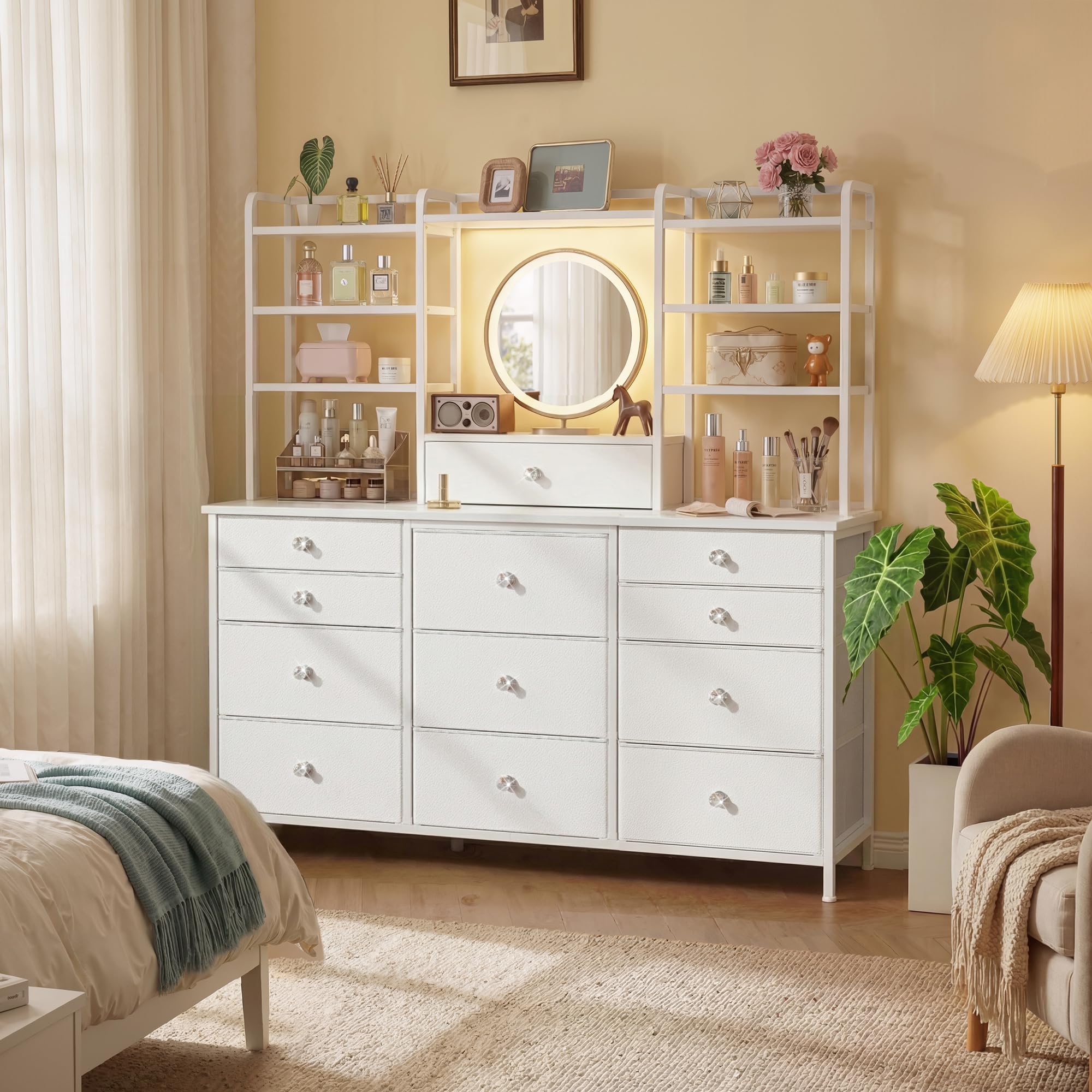 Romorgniz White Dresser for Bedroom with 12 Drawers & LED Lights, Fabric Dressers & Chests of Drawers with Open Shelves, Vanity Dresser Organizer with Metal Frame Wooden Shelf for Entryway Closet