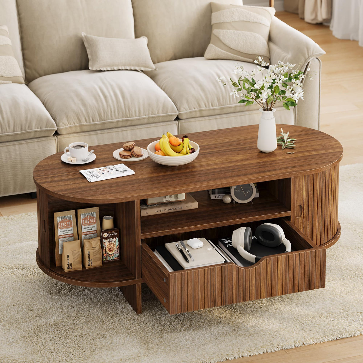 47" Oval Coffee Table with Storage, Mid Century Modern Fluted Center Table
