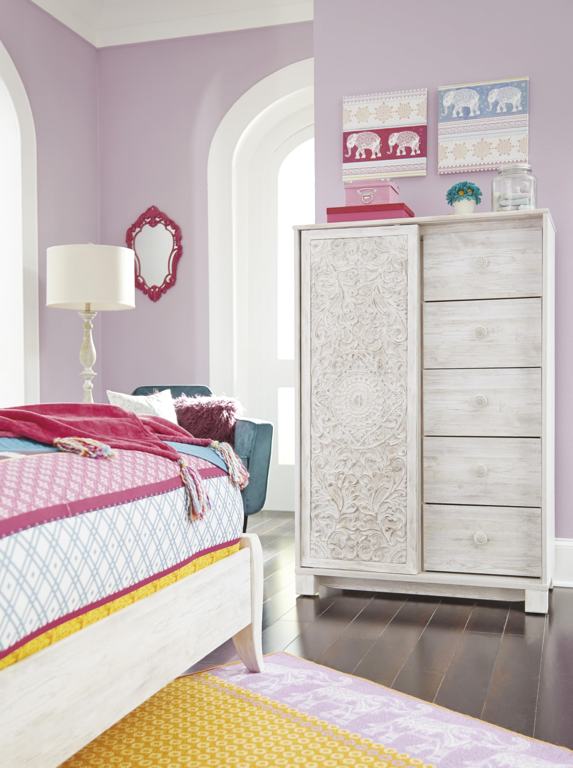 Signature Design by Ashley Paxberry Boho 5 Drawer Dressing Chest with Slider Door & 3 Adjustable Shelves, Whitewash