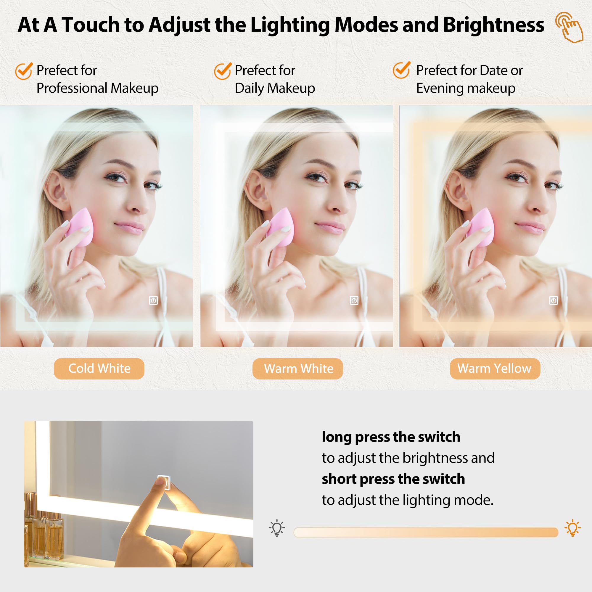 ANWBROAD Vanity Desk Table with Lighted Mirror 39.4“ Girls Makeup Vanity with Power Outlet 3 Colors Lighting Adjustable Brightness Vanity Table for Women Bedroom Dressing Room White UBDT65W
