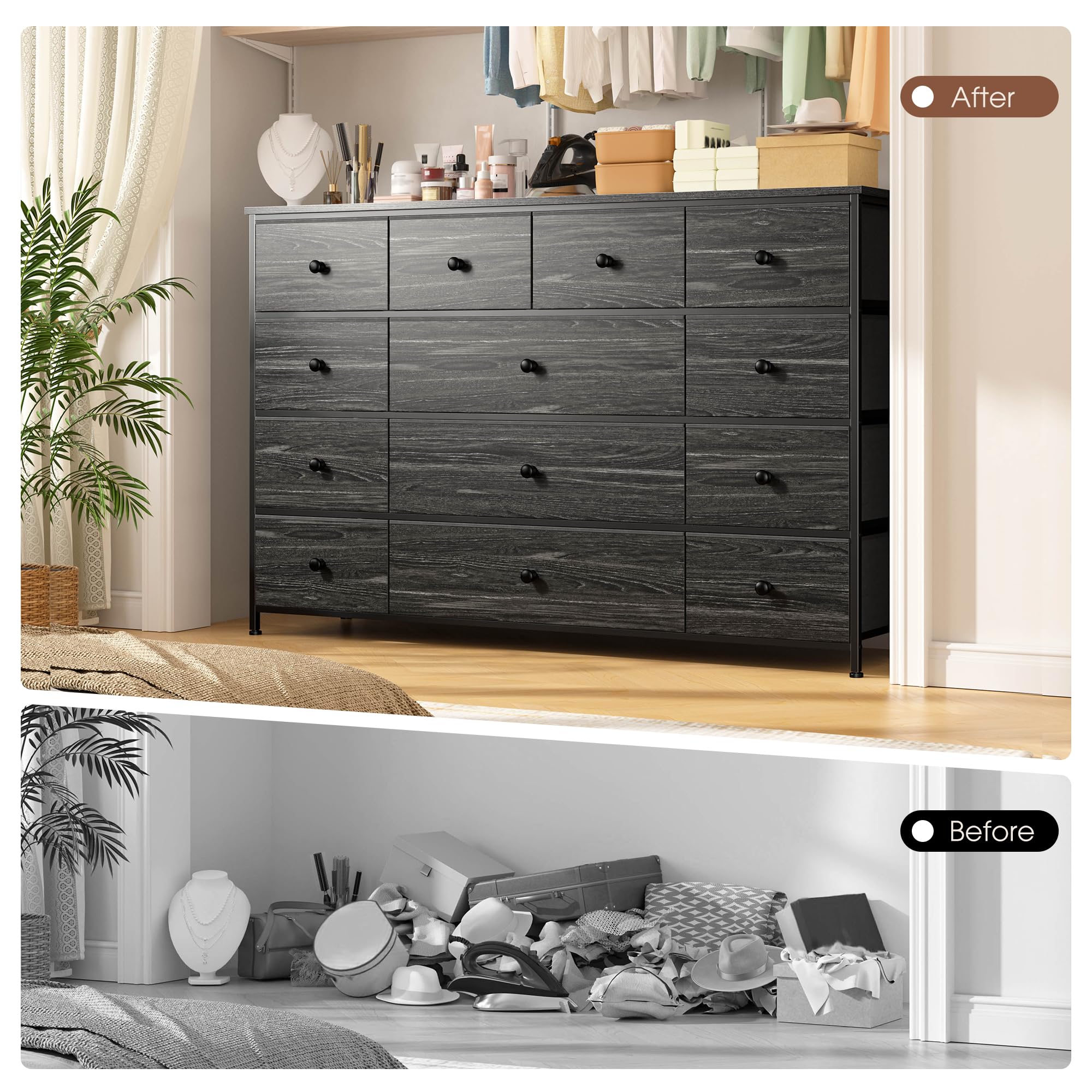 EnHomee Black Dresser TV Stand with 13 Fabric Dresser 45 Inch TV Stand for Bedroom Chests of Drawers for Bedroom, Entryway, Wood Top and Sturdy Frame