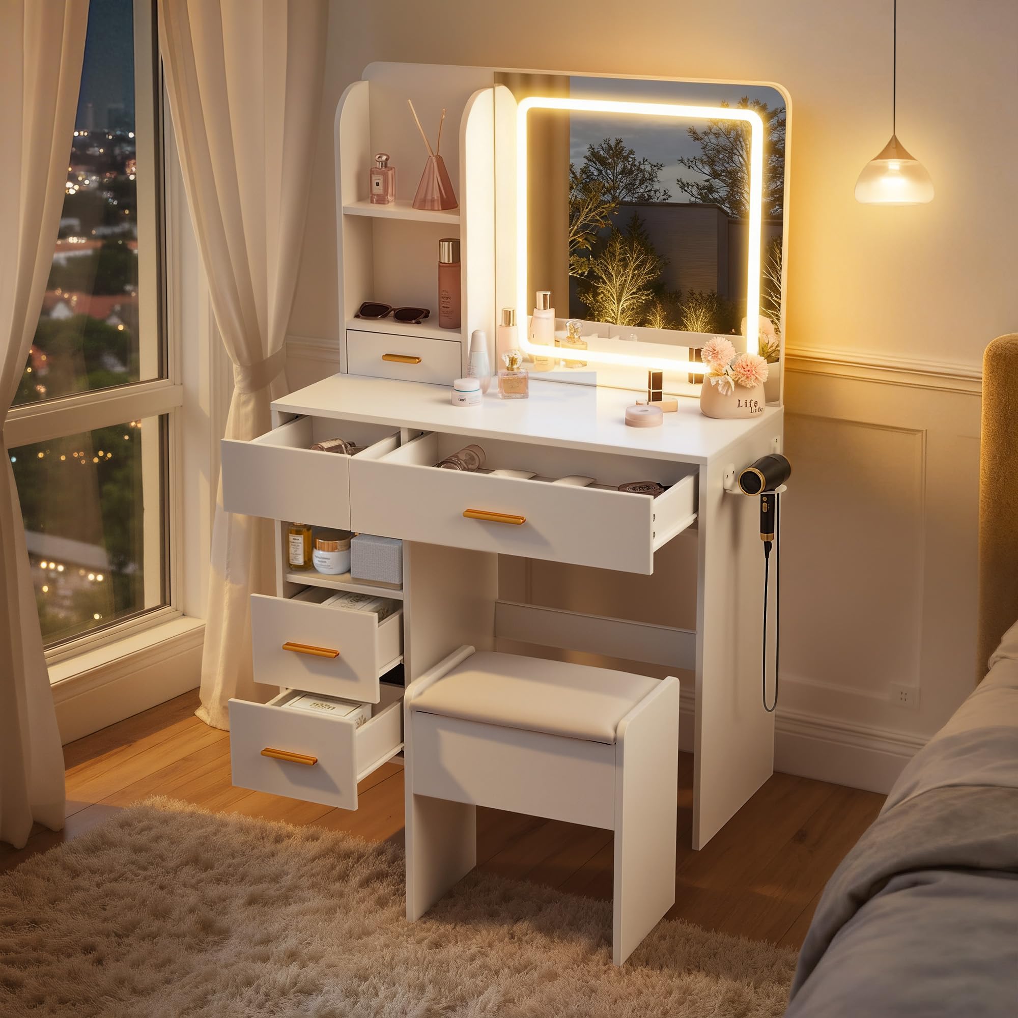 LED Makeup Vanity Desk with Mirror, Drawers & Storage Stool
