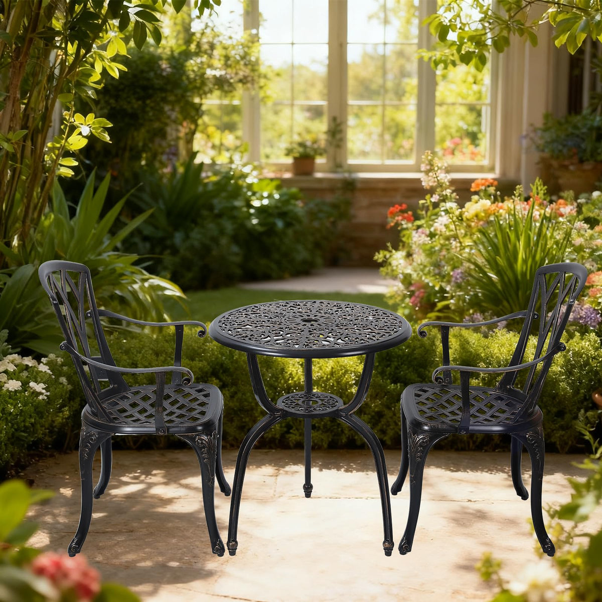 GXOUTAL 3-Piece Cast Aluminum Patio Bistro Set, Outdoor Rust-Resistant Furniture with 2 Chairs and Table (Bronze)