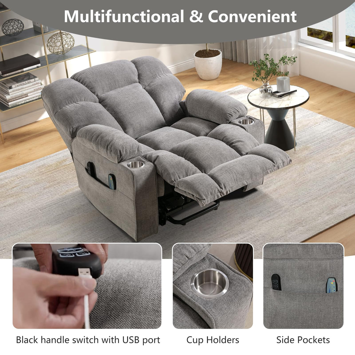 CANMOV Power Lift Recliner Chair for Elderly, Big and Tall Electric Recliner Chair with Massage and Heating, Dual Motor Heavy Duty Lift Recliner with USB Port, Cup Holders, Pockets, Grey