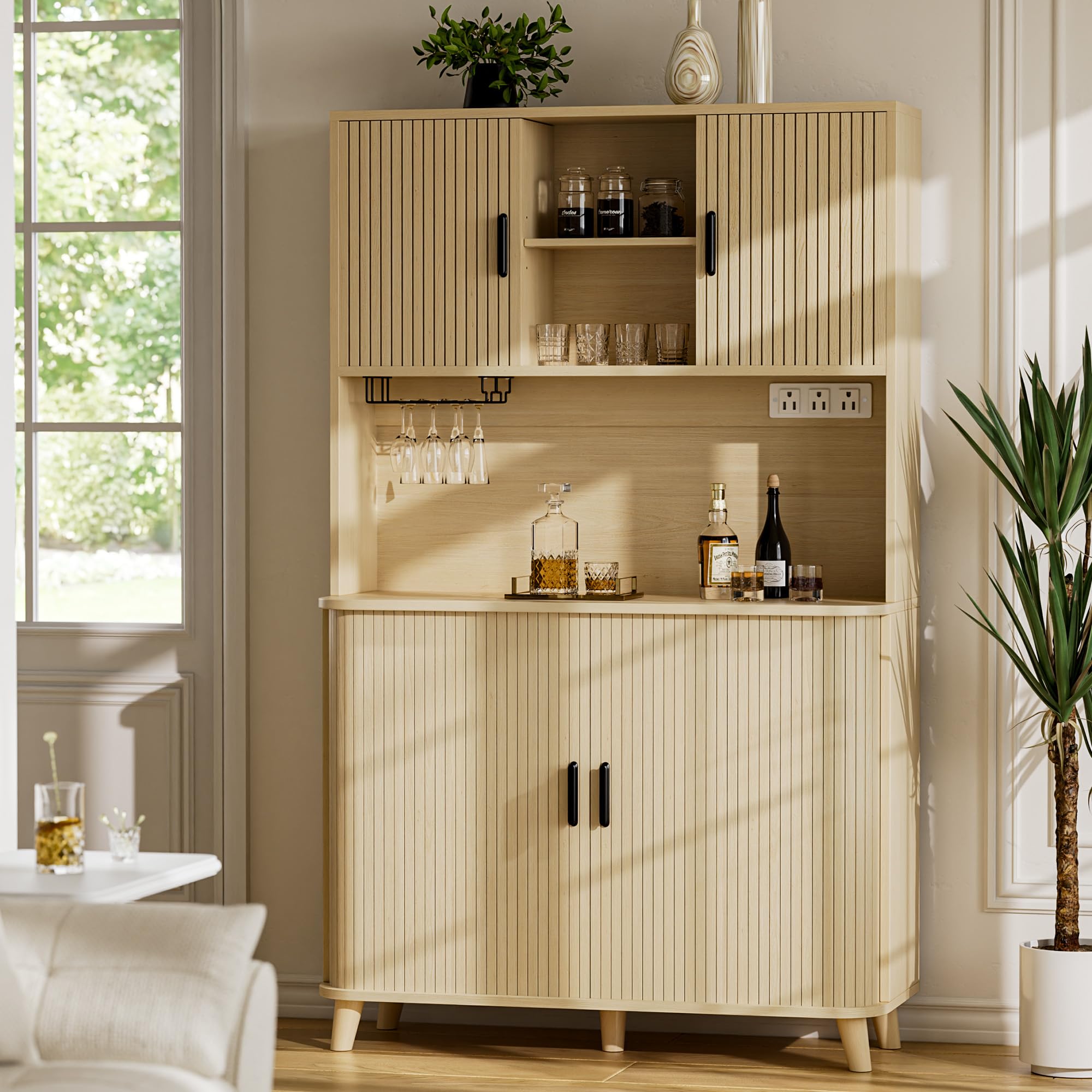 Lulive 71" Tall Pantry Cabinet with Rolling & Sliding Doors, 39" Wide Kitchen Storage Cabinet with Charging Station and Open Countertop, Modern Kitchen Pantry Cabinet for Dining Room, Natrual