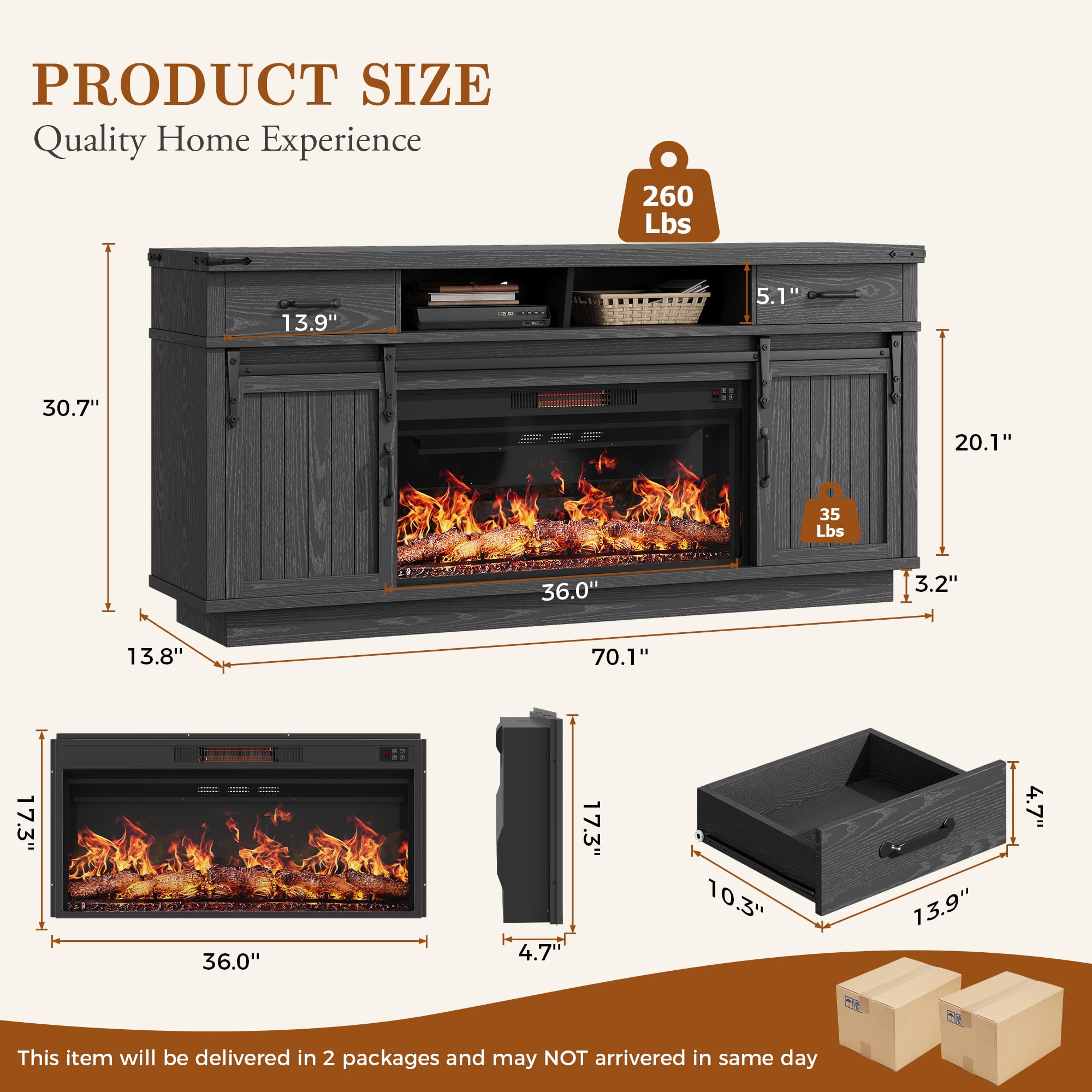 70" Fireplace TV Stand with 36" Electric Fireplace