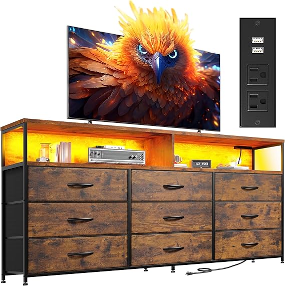 55" TV Stand Dresser with 9 Fabric Drawers, Charging Station & LED Lights