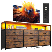 EnHomee 55" W Dresser for Bedroom with Charging Station & LED, 65/55 Inch TV Stand with 9 Fabric Drawers, Sturdy Dressers & Chest of Drawers with 2 Wood Storage Open Shelves,Entryway, Rustic Brown