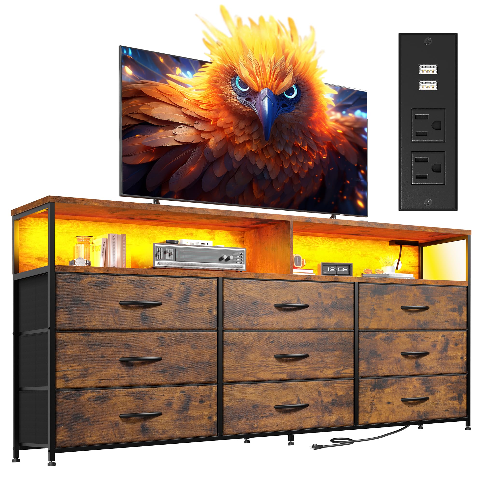 EnHomee 55" W Dresser for Bedroom with Charging Station & LED, 65/55 Inch TV Stand with 9 Fabric Drawers, Sturdy Dressers & Chest of Drawers with 2 Wood Storage Open Shelves,Entryway, Rustic Brown
