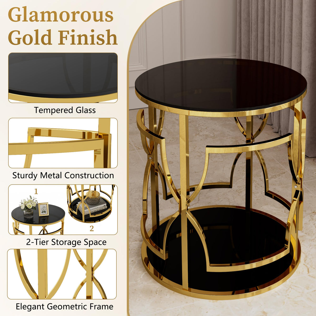 Glass Side Table with Gold Frame