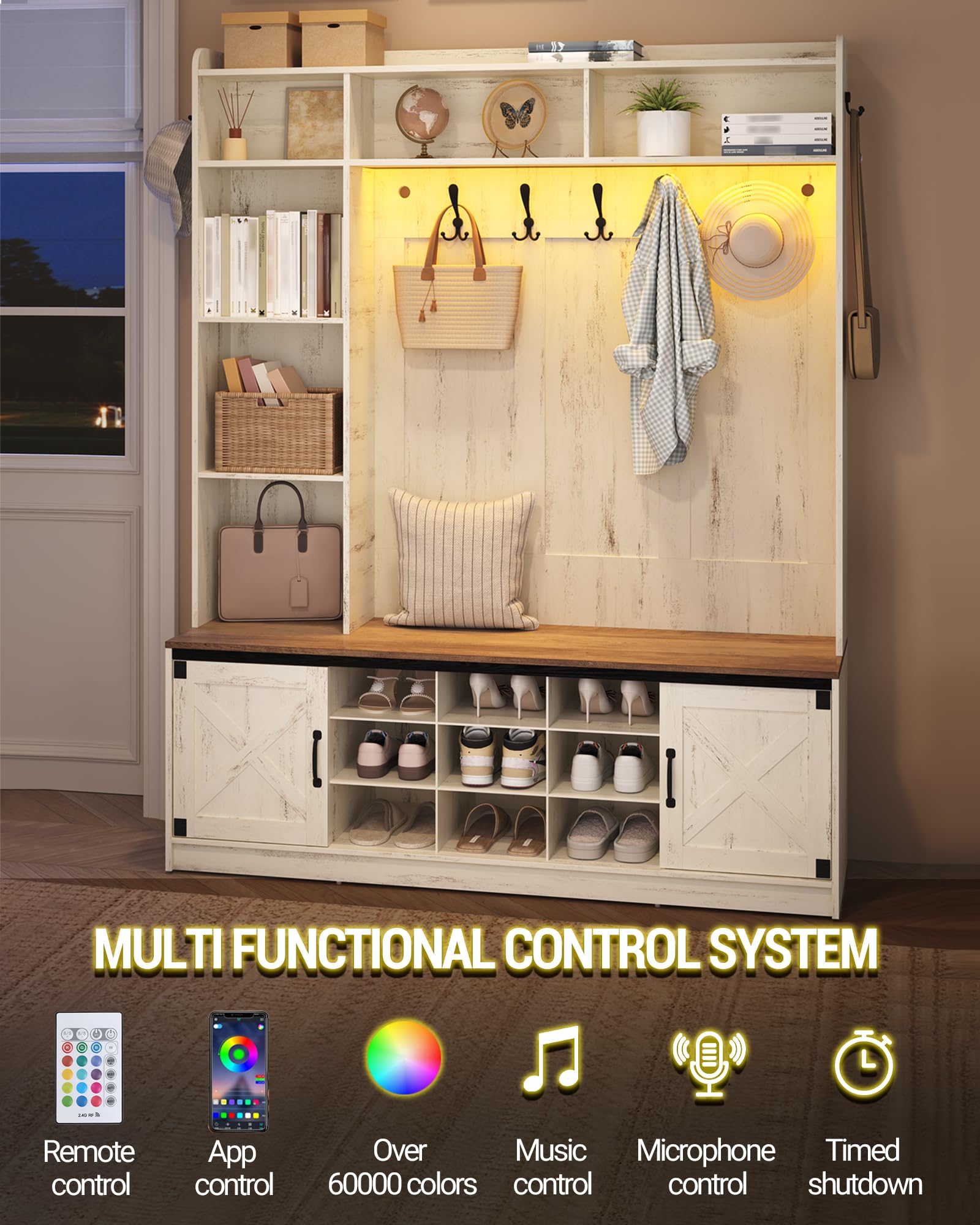 LED Farmhouse Hall Tree with Bench & Shoe Storage