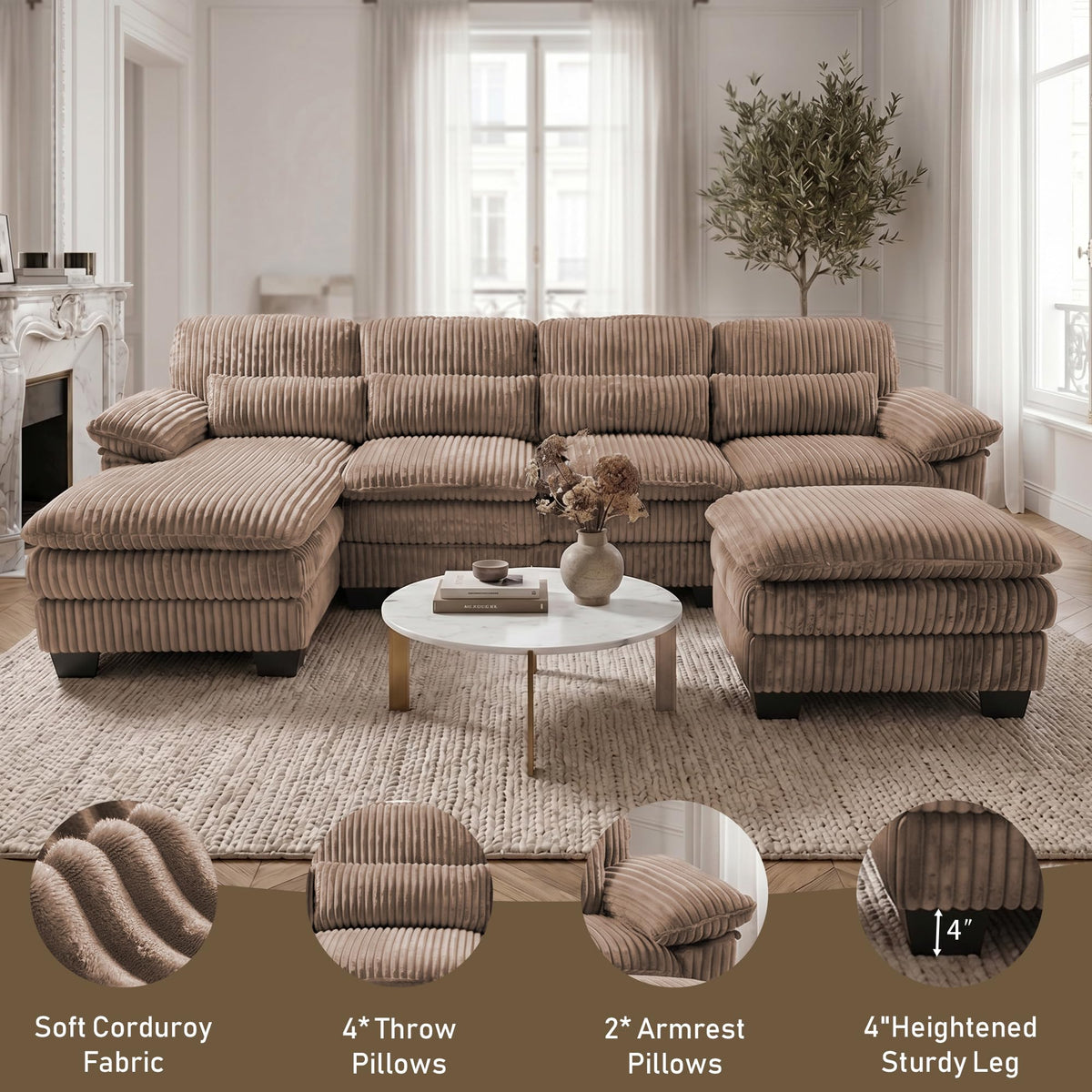 113" U Shaped Sectional Sofa Modular Couch with Ottoman, Corduroy Brown