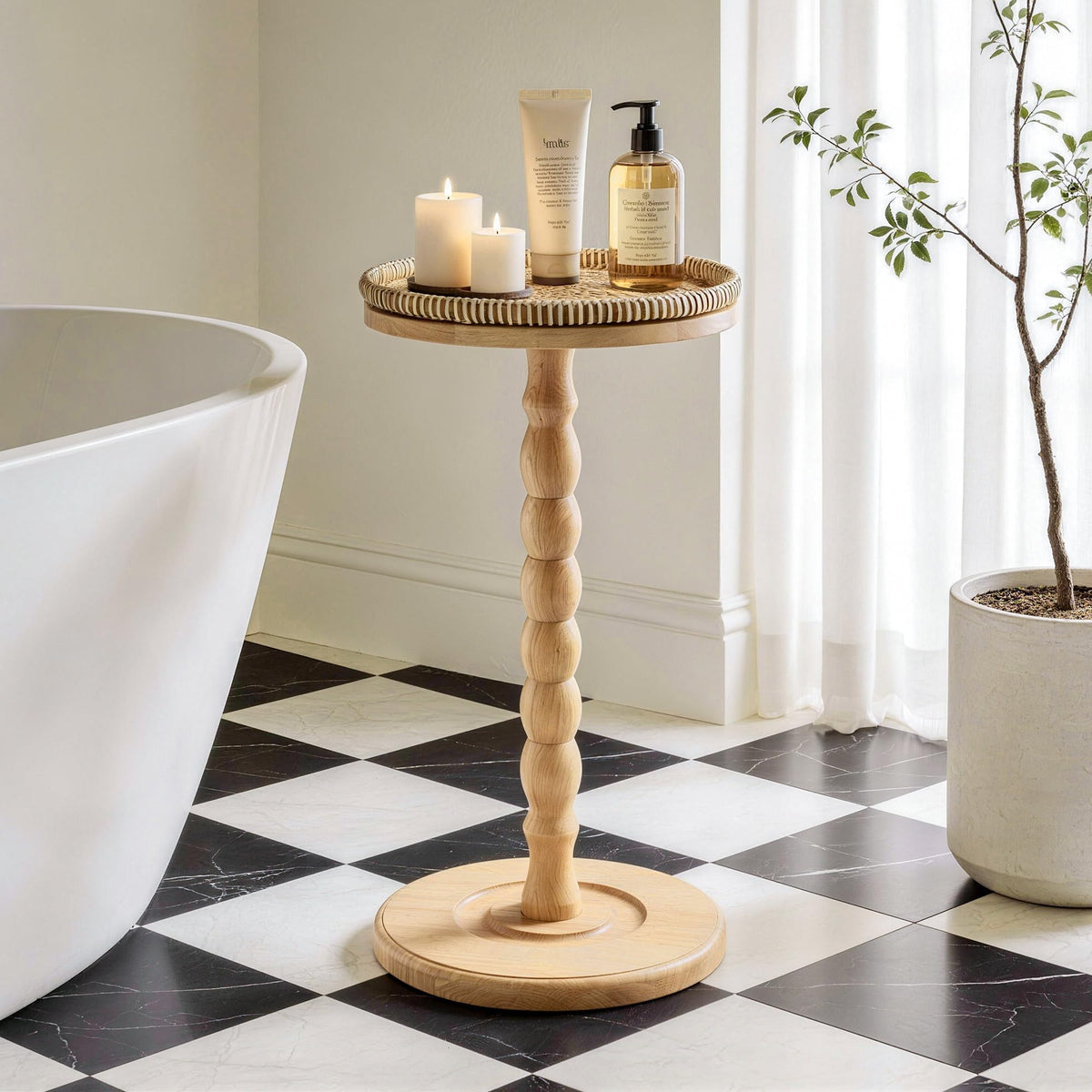 2 Pack Rattan Round Side Table, Rubberwood‌ Drink Table for Small Spaces