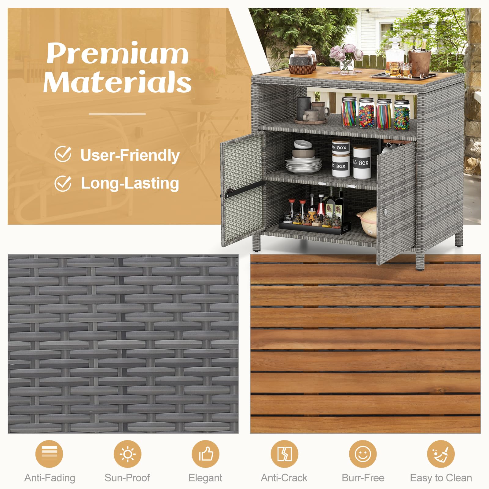 RELAX4LIFE Wicker Outdoor Bar Cabinet - PE Rattan Patio Bar Table w/Acacia Wood Countertop, Open Shelf & 2 Doors, Buffet Sideboard Organizer for Garden Backyard Pool, Outside Storage Cabinet (Grey)