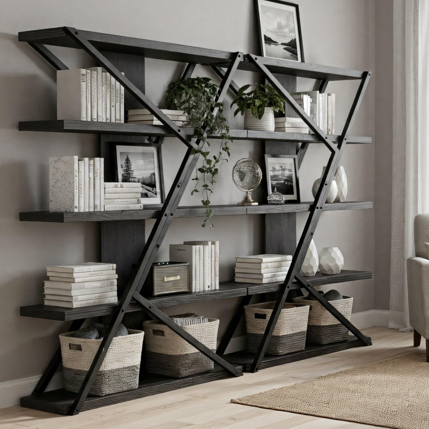Industrial 5-Tier Bookshelf with Wood & Metal Frame