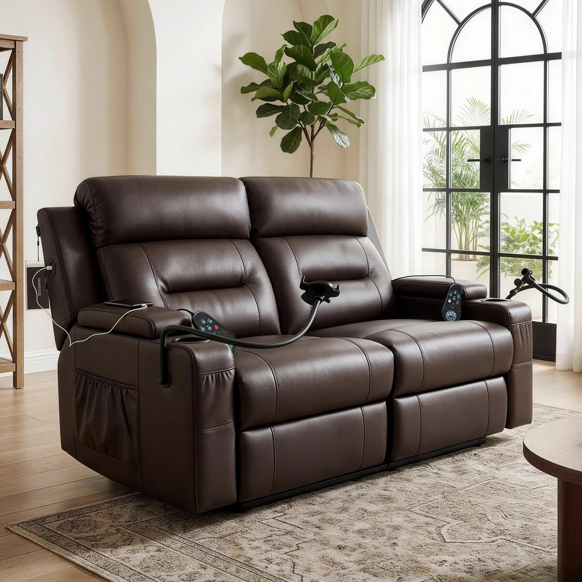 BKHGDI Loveseat Recliner Sofa with Massage and Heat，2 Seat Sofa for Small Spaces with USB Ports & Pockets, Console, Cup Holders & Drawer, RV Couch for Home Theater Seating