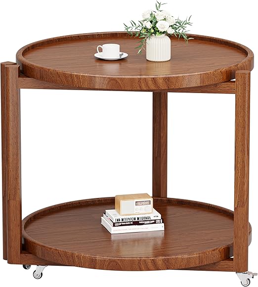 Round Rolling Side Table with Storage Shelf