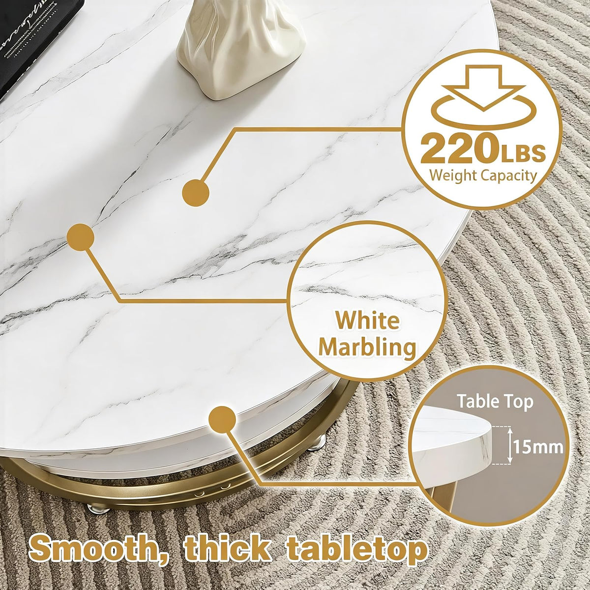 Round Marble-Look Storage Coffee Table