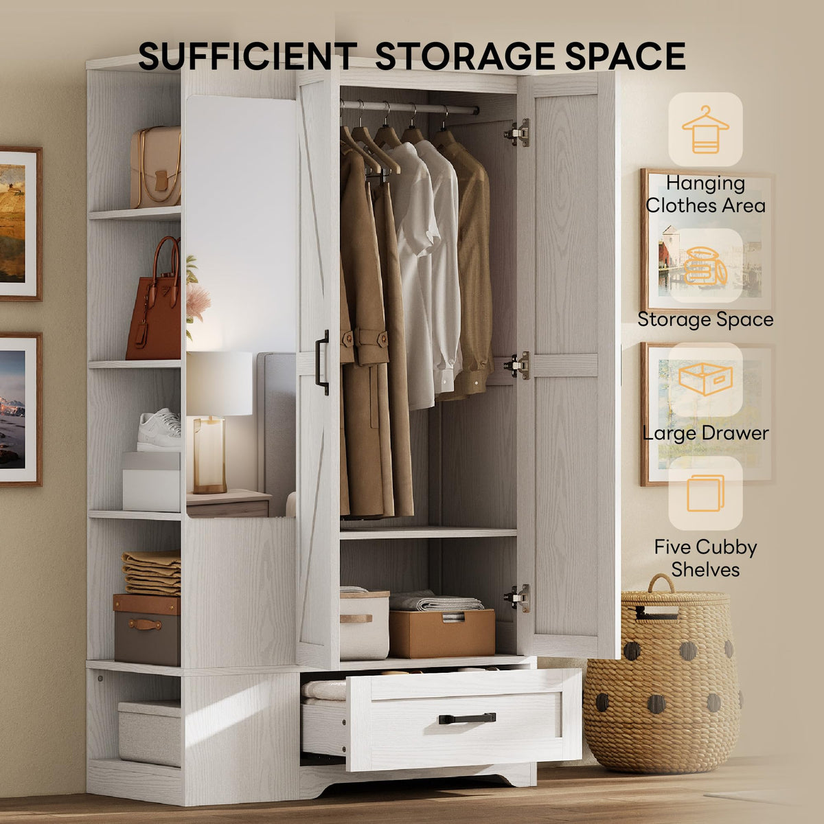 White Mirrored Wardrobe with Shelves