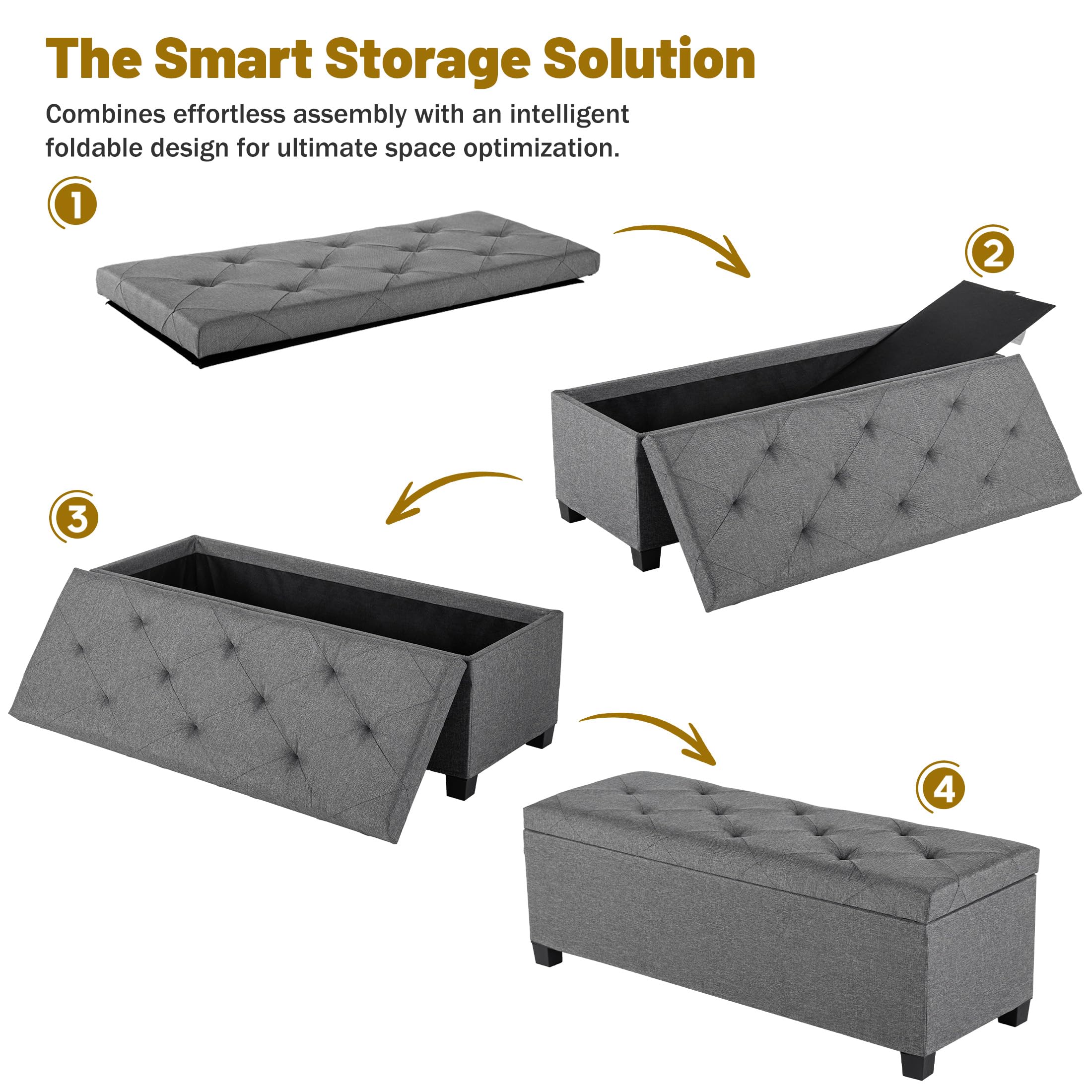 DUMOS Upholstered Storage Bench, End of Bed Ottoman, Extra Large 46.5 Gal (176L) Internal Volume, Foot Stool for Bedroom, Living Room, Sturdy Storage Chest, Dark Grey, 43.3" L x 15.7" W x 15.7" H