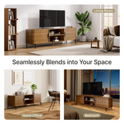 SUNCOZE 70" Mid-Century Fluted TV Stand with Storage, Modern Entertainment Centerfor TVs up to 80 Inch with Sliding Tambour Doors & Open Shelves, Media Console for Living Room or Bedroom (Walnut)