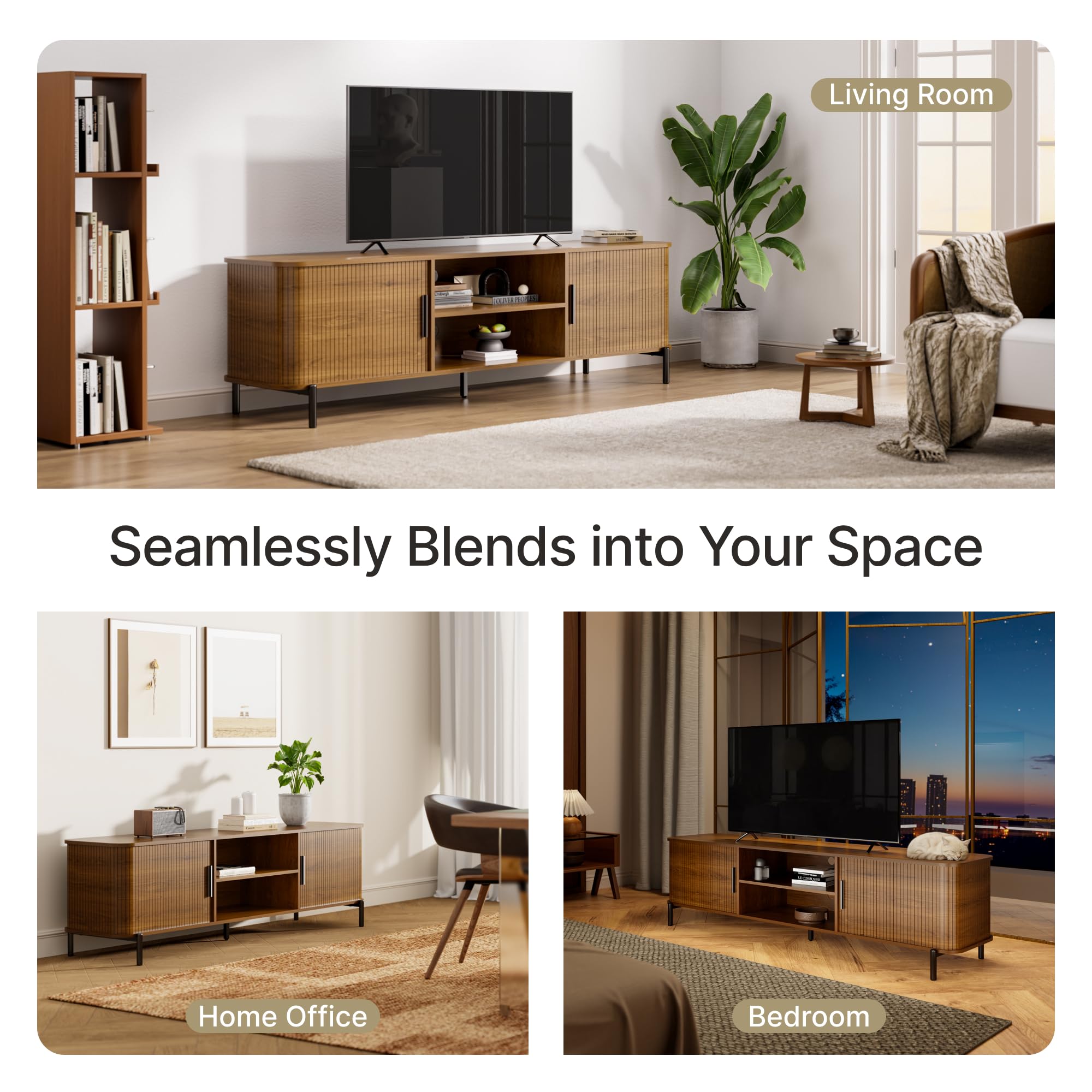 SUNCOZE 70" Mid-Century Fluted TV Stand with Storage, Modern Entertainment Centerfor TVs up to 80 Inch with Sliding Tambour Doors & Open Shelves, Media Console for Living Room or Bedroom (Walnut)
