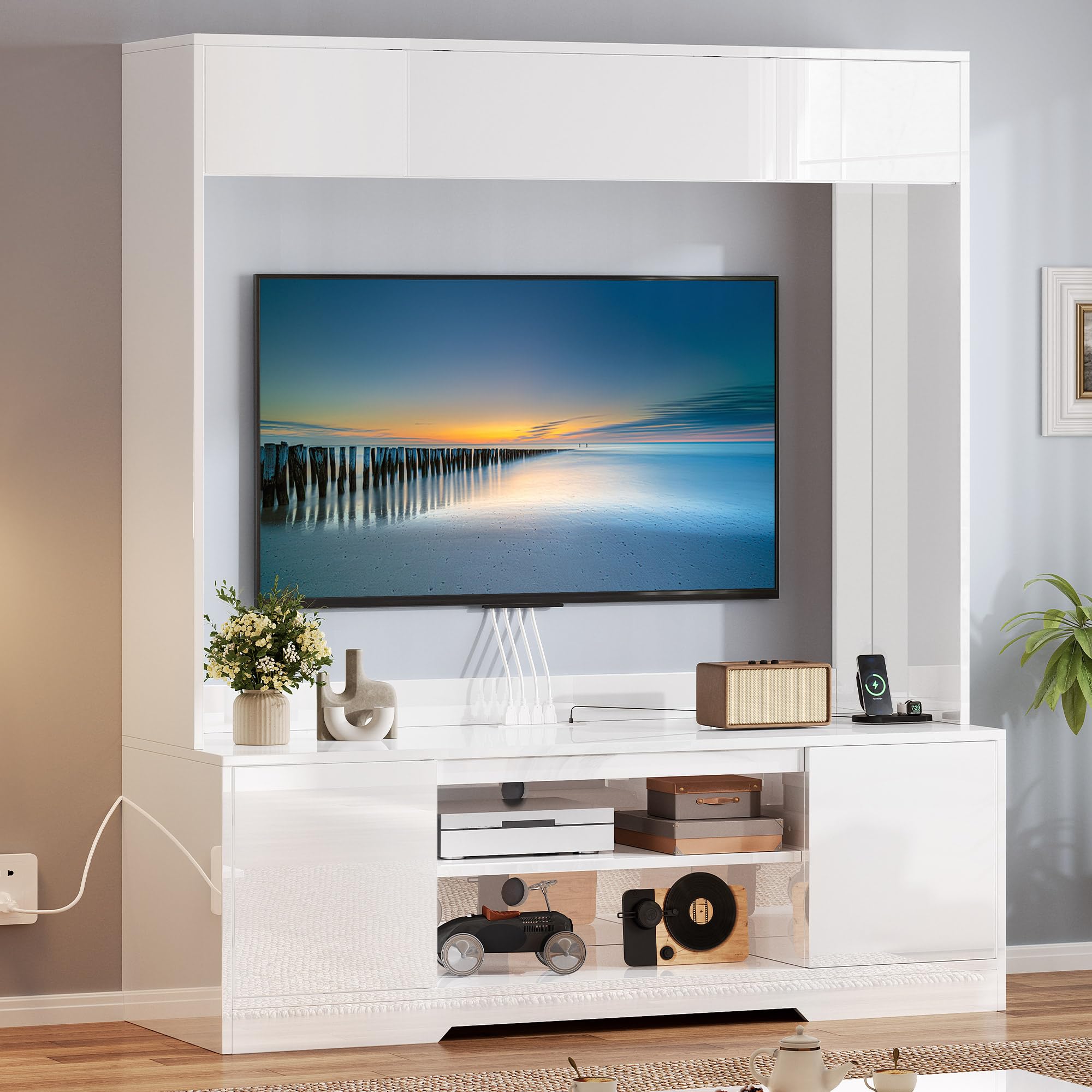 YITAHOME Wall Unit Entertainment Center for 65 Inch TV, Tall TV Stand with Power Outlets & Storage Cabinet, High Modern Media Console Table for Living Room, White