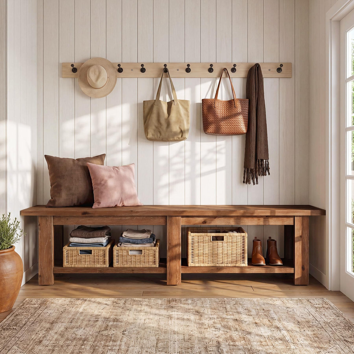 TRIBEWOOD 70.9" Solid Wood Entryway Shoe Bench, Extra Long Wooden Bench