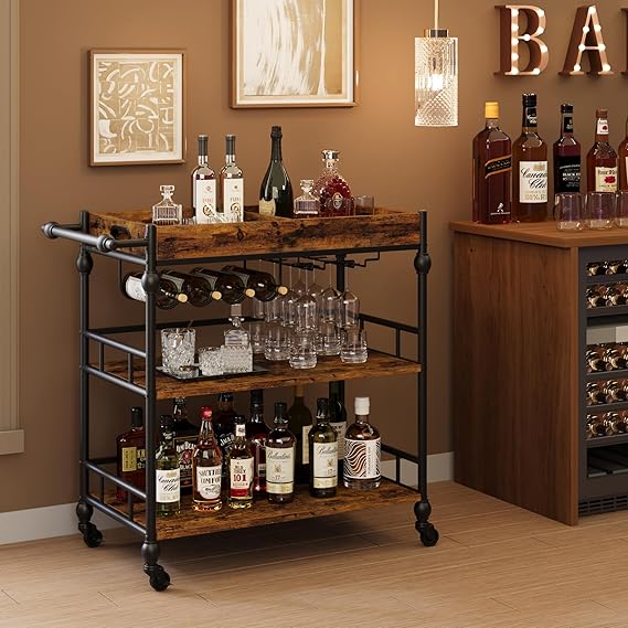 3-Tier Bar Cart with Wheels & Removable Tray