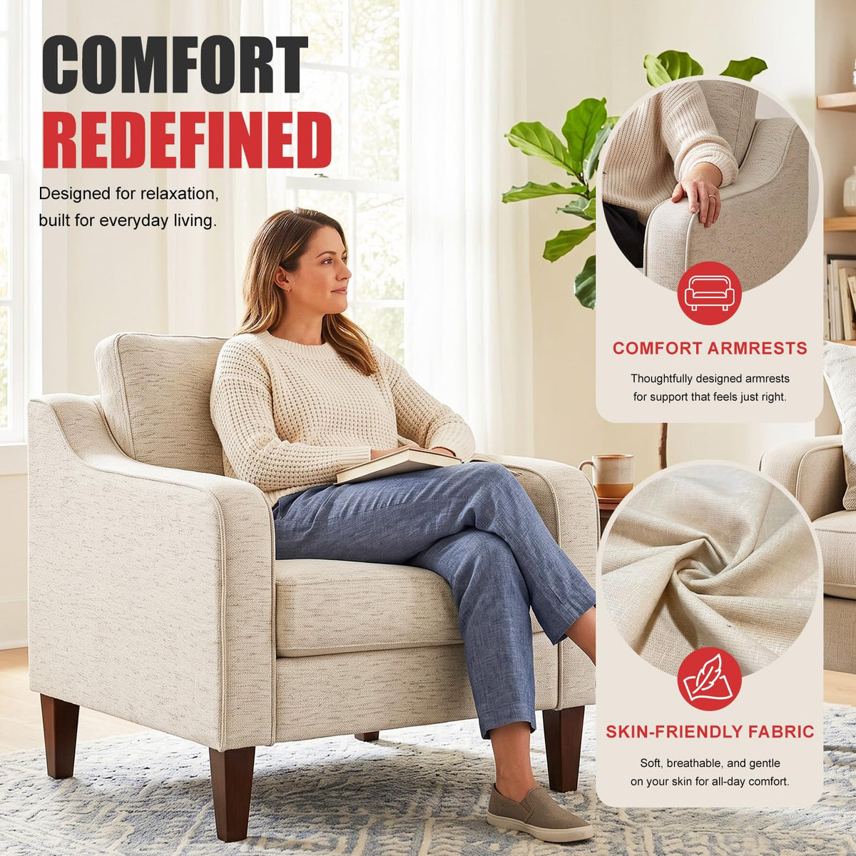 Beige Linen Accent Chairs, Set of 2