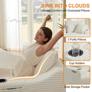 Oversized Chaise Lounge Chair Indoor, 67'' Upholstered Sleeper Sofa Bed with Cup Holders & 3 Pillows, Deep Seat Corduroy Boneless Cloud Sofa Couch for Living Room, No Assembly Reading Chair, White