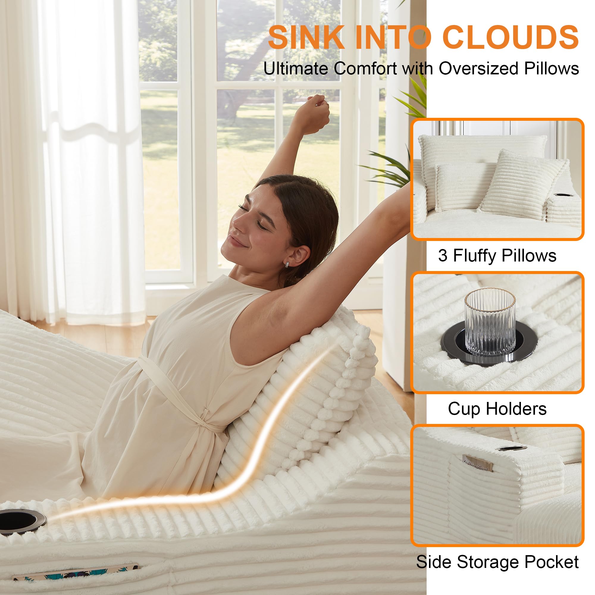 Oversized Chaise Lounge Chair Indoor, 67'' Upholstered Sleeper Sofa Bed with Cup Holders & 3 Pillows, Deep Seat Corduroy Boneless Cloud Sofa Couch for Living Room, No Assembly Reading Chair, White