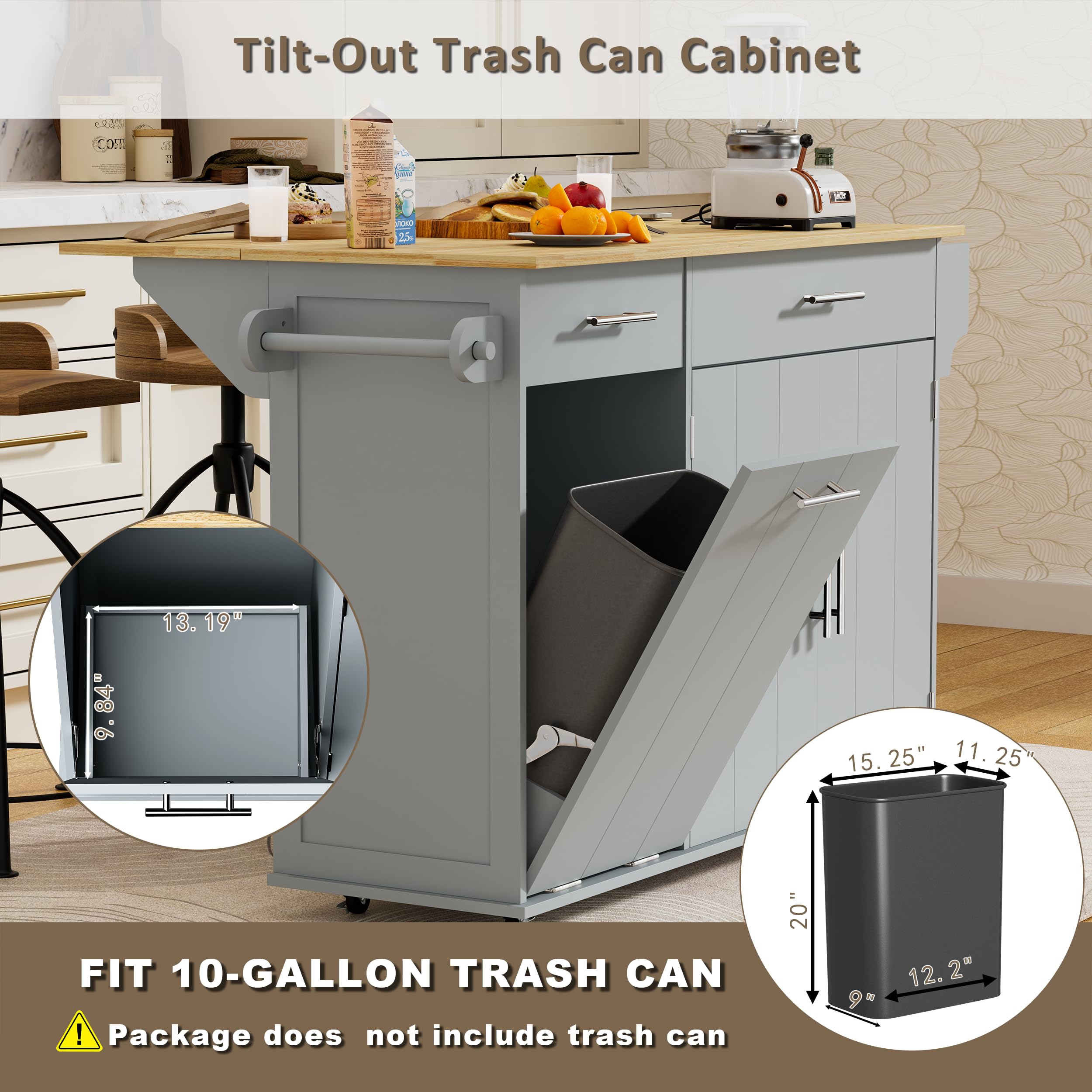 Rolling Kitchen Island with Trash Can Storage & Drop Leaf