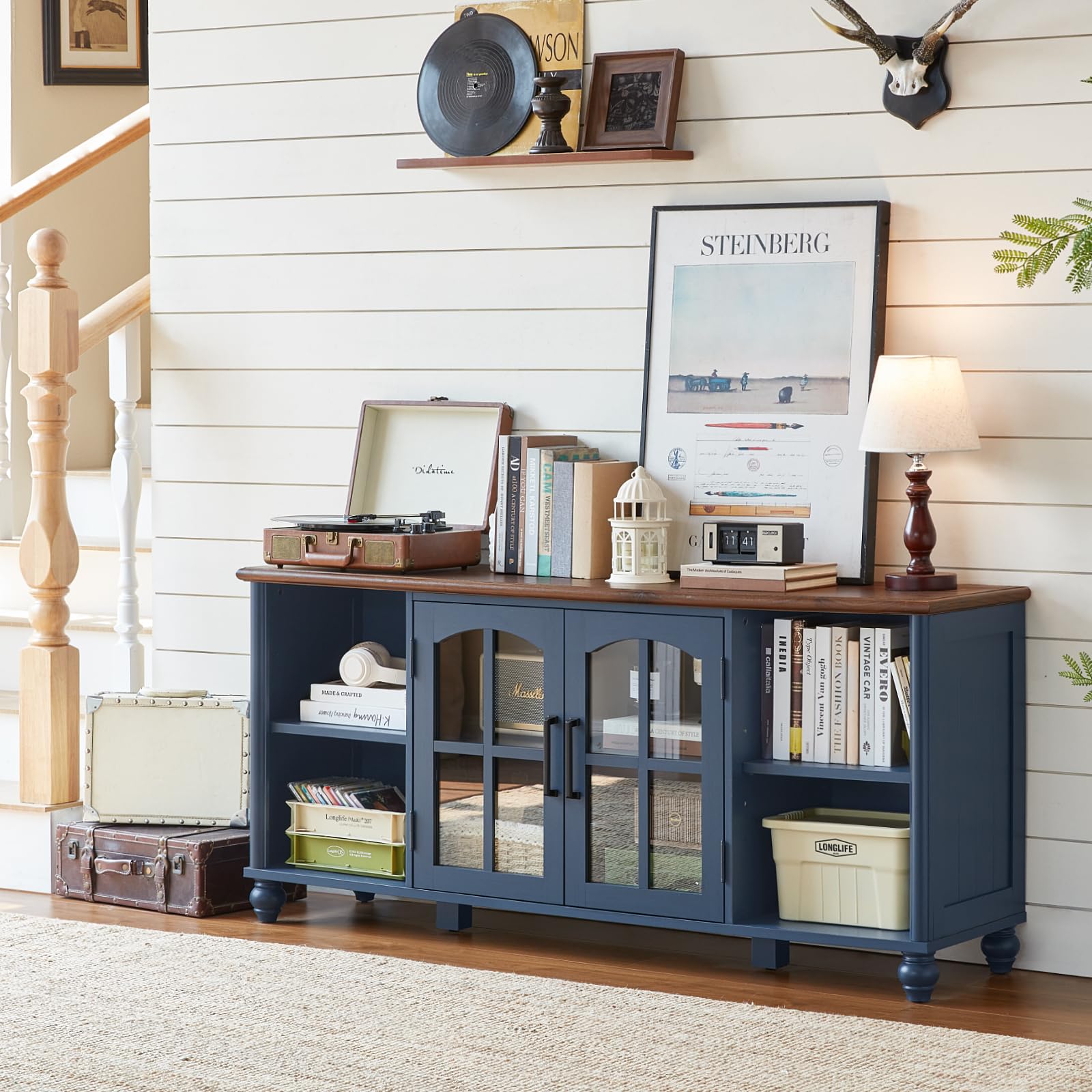 RWYHG Farmhouse TV Stand for 60 Inch TV, Wood Entertainment Center with Adjustable Shelves & Glass Door Storage Cabinet,Television Stands for 65" TVS,TV Console Table for Living Room,Bedroom,Navy Blue