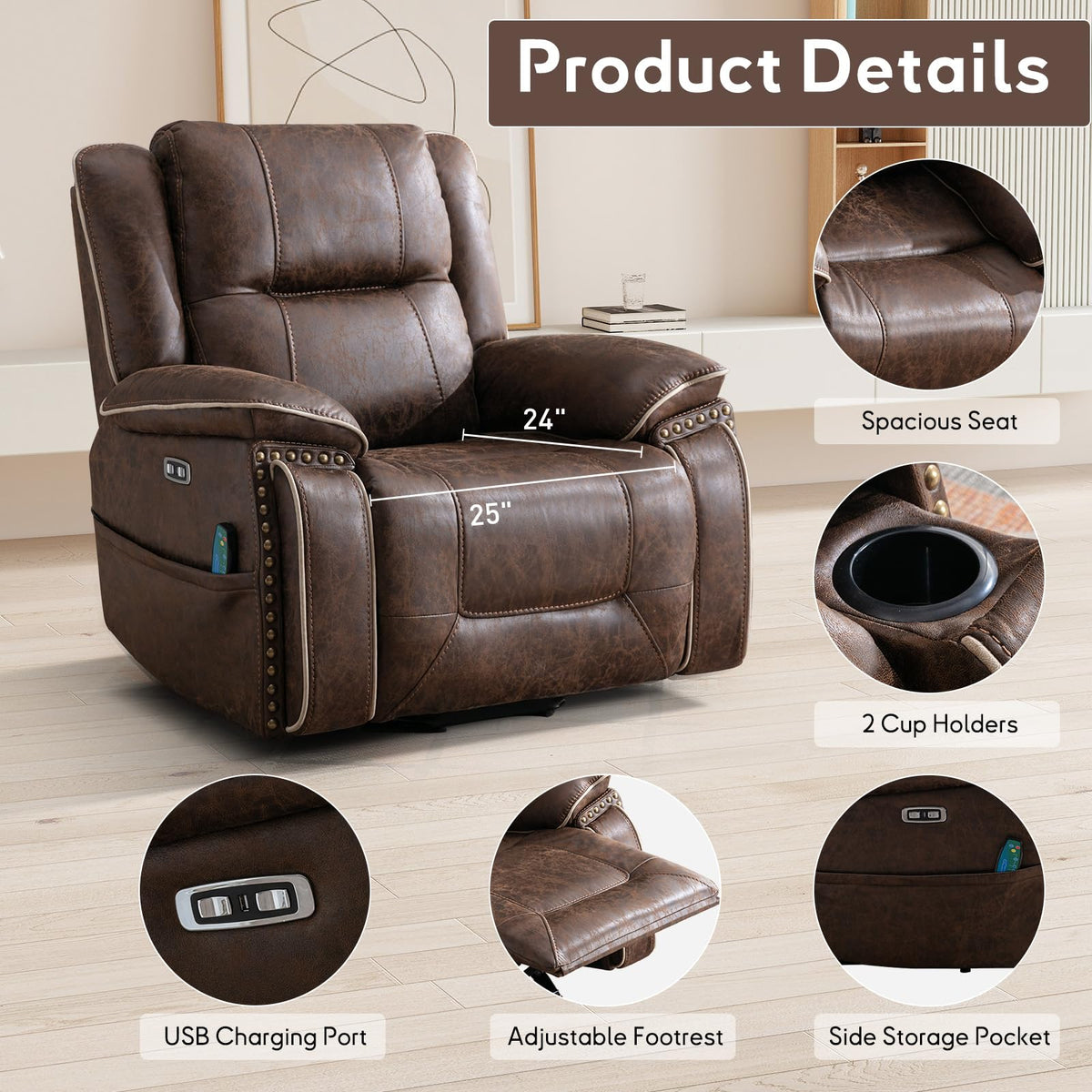 Bonzy Home Power Lift Recliner Chair for Elderly with Massage and Heat, Dual Motor Faux Leather Recliner Chair with Spacious Seat, 2 Cup Holders, Adjustable Headrest, Remote (Dark Brown)