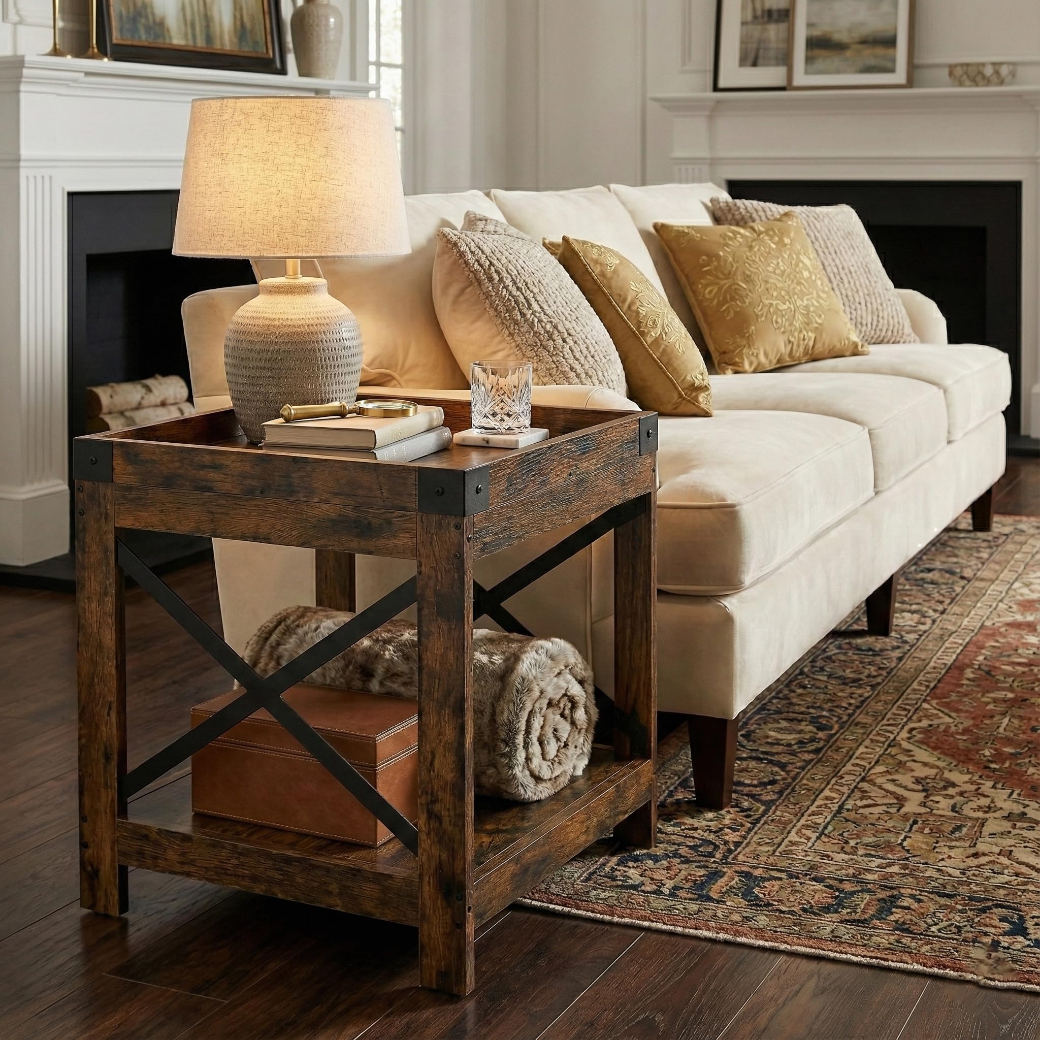 Farmhouse Square Side Table with Storage Shelf