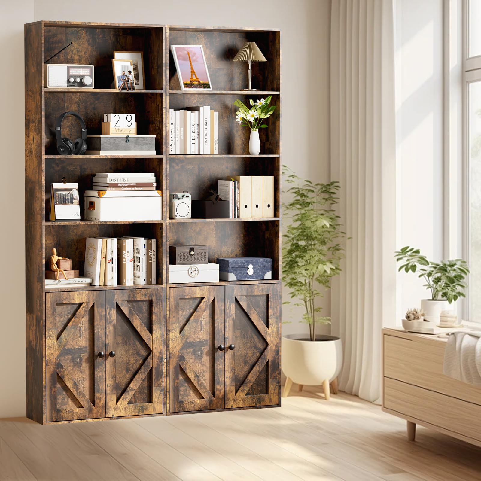 Shoueryaes Bookshelf, 6-Tier Floor Bookcase with 2 Bottom Doors, 9.29"x23.62"x70.86", Storage Cabinet Bookshelves for Home Office, Living Room, Bedroom-Brown