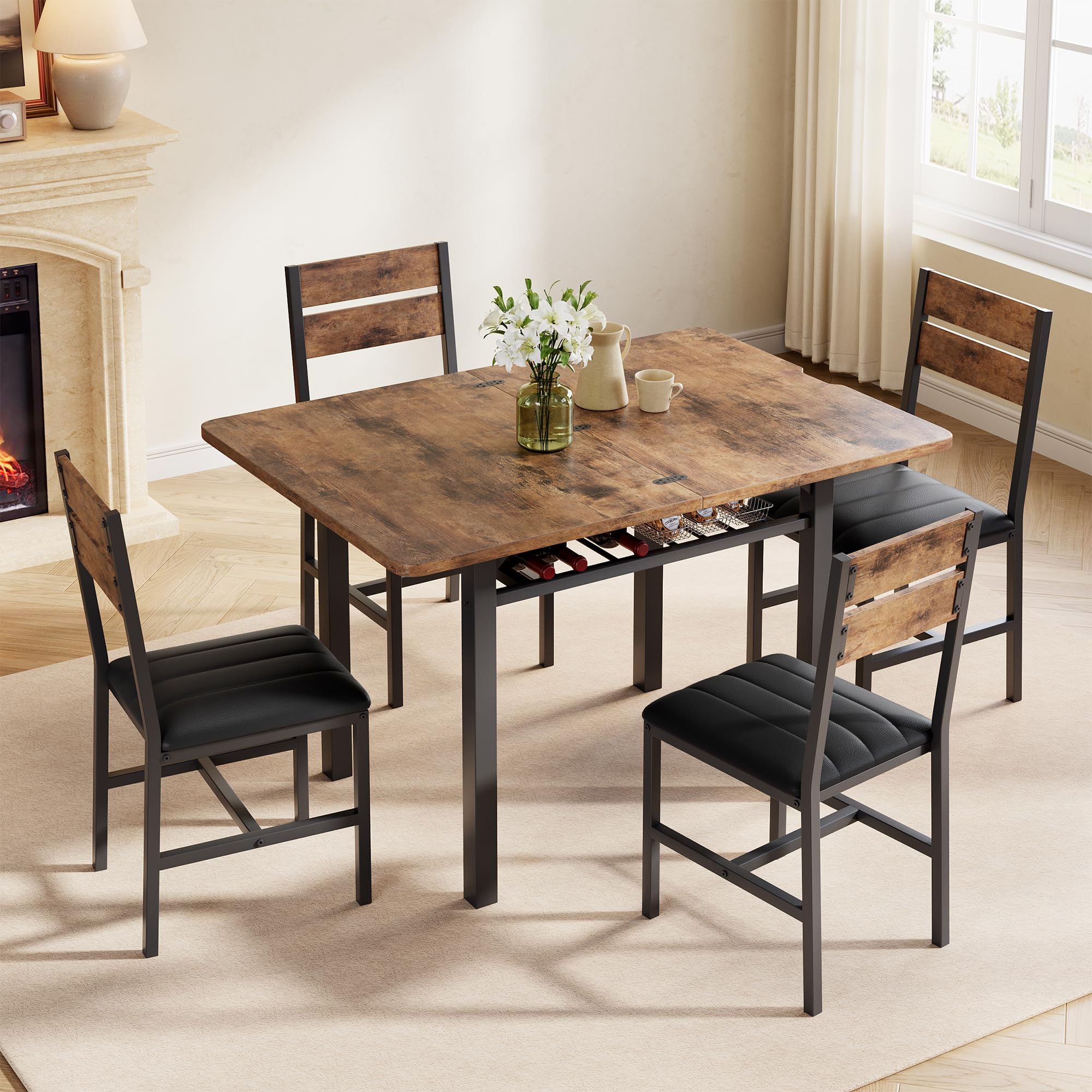 MapleGrace Dining Table Set for 4, Extendable Kitchen Table with 4 PU Leather Upholstered Dining Room Chairs, Wood Kitchen Table Set with Built-in Storage Rack for Dining & Small Spaces, Rustic Brown