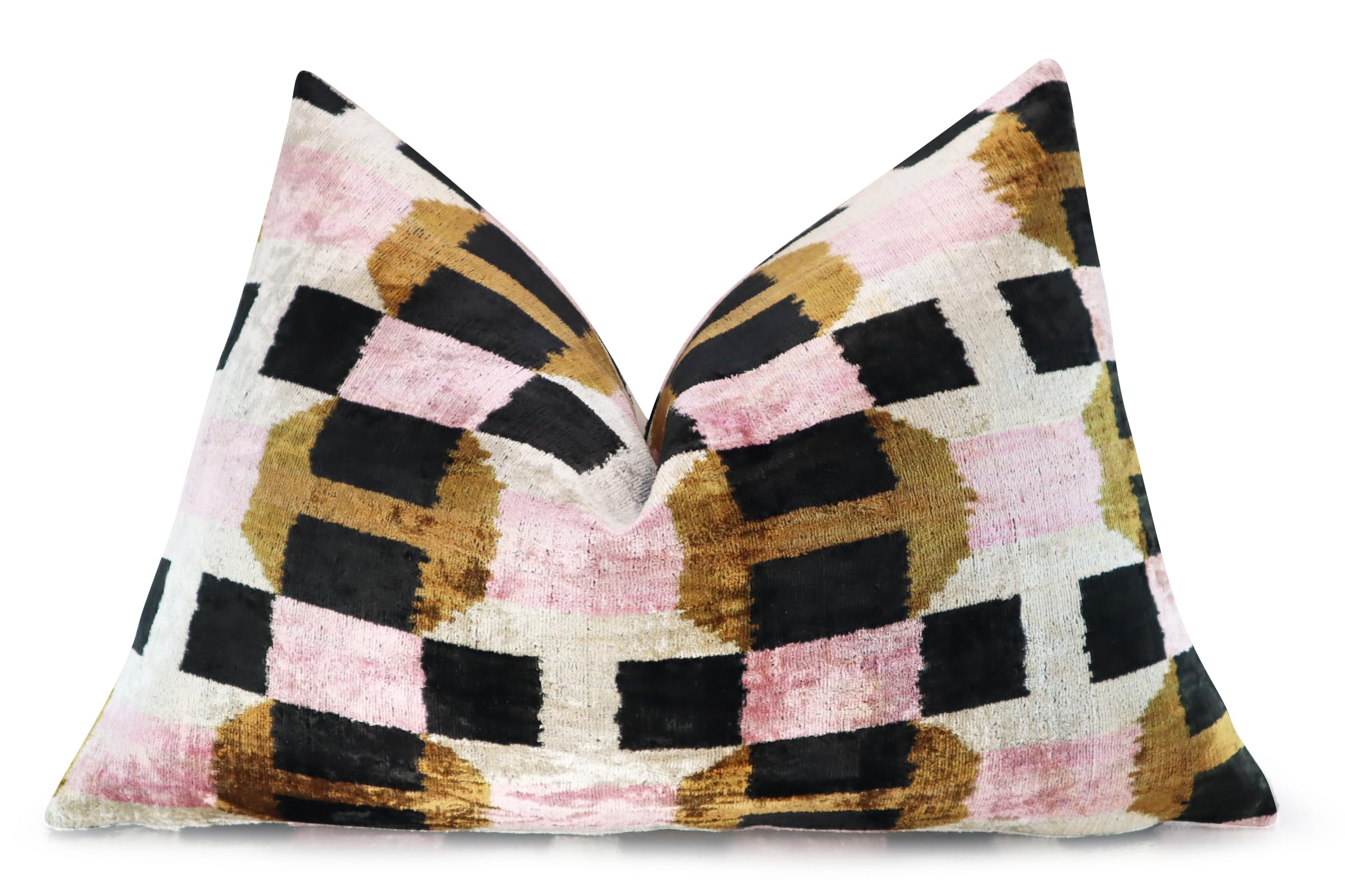 CANVELLO Handmade Pink & Brown Geometric Silk Velvet Throw Pillow – 16x24 Inch, Naturally Dyed, Down Feather Insert, Luxury Decorative Cushion for Sofa & Bed