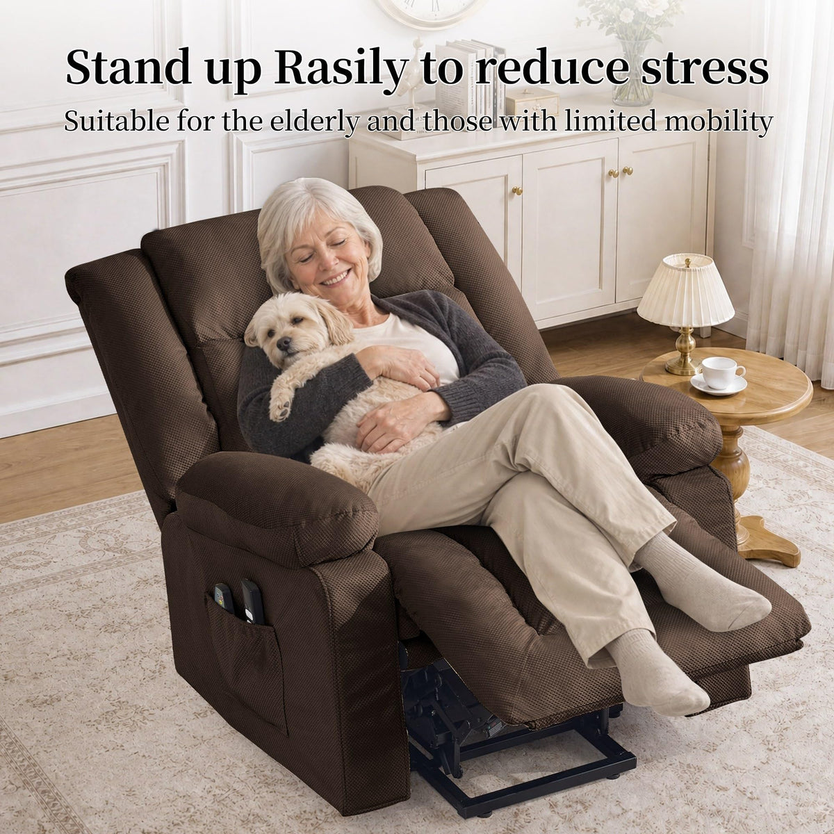 Korser Dual Motor Power Lift Recliner Chair for Elderly with Massage and Heat, Oversized Electric Recliner with Side Pockets, Living Room, Waffle, Brown