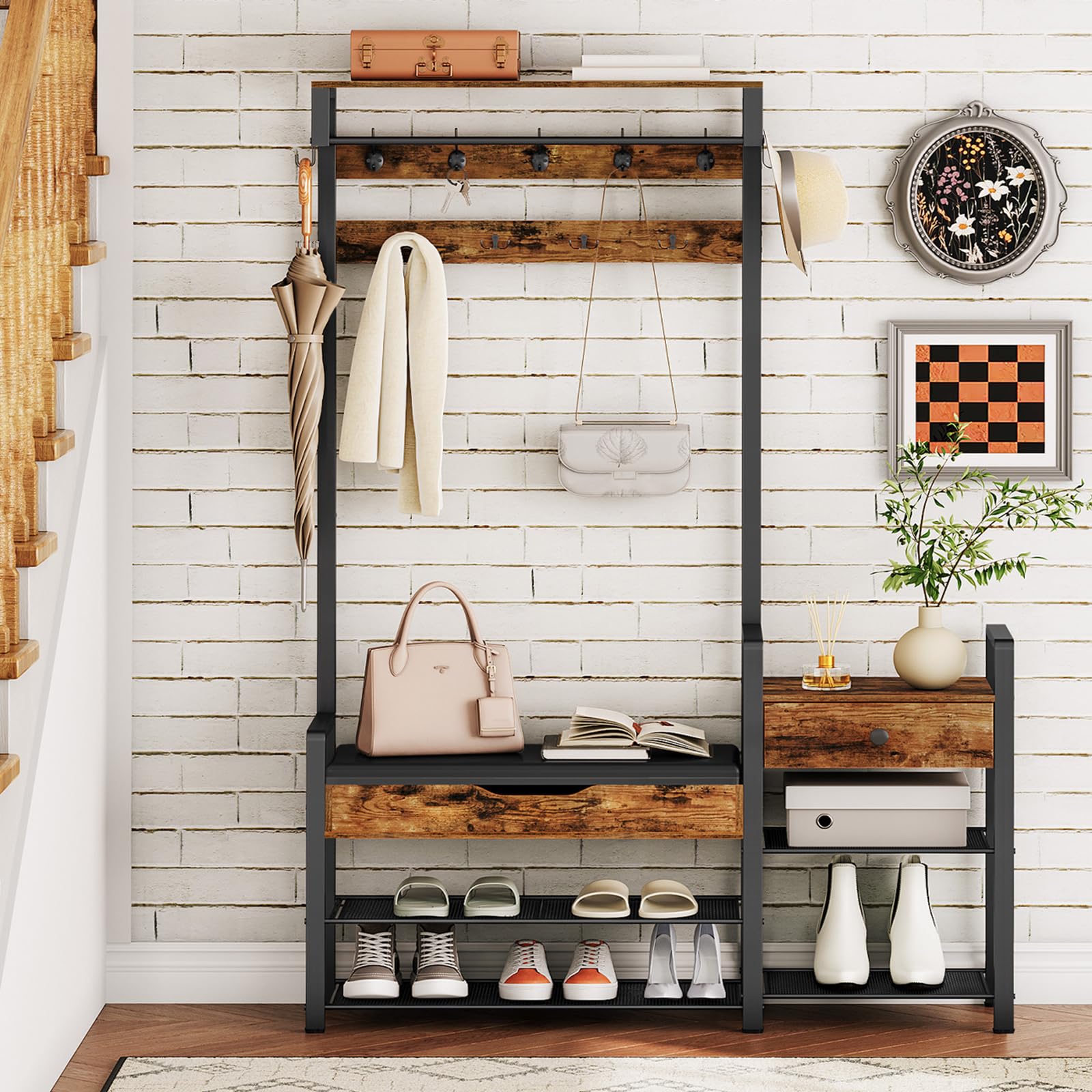 5-in-1 Hall Tree with Bench & Shoe Rack