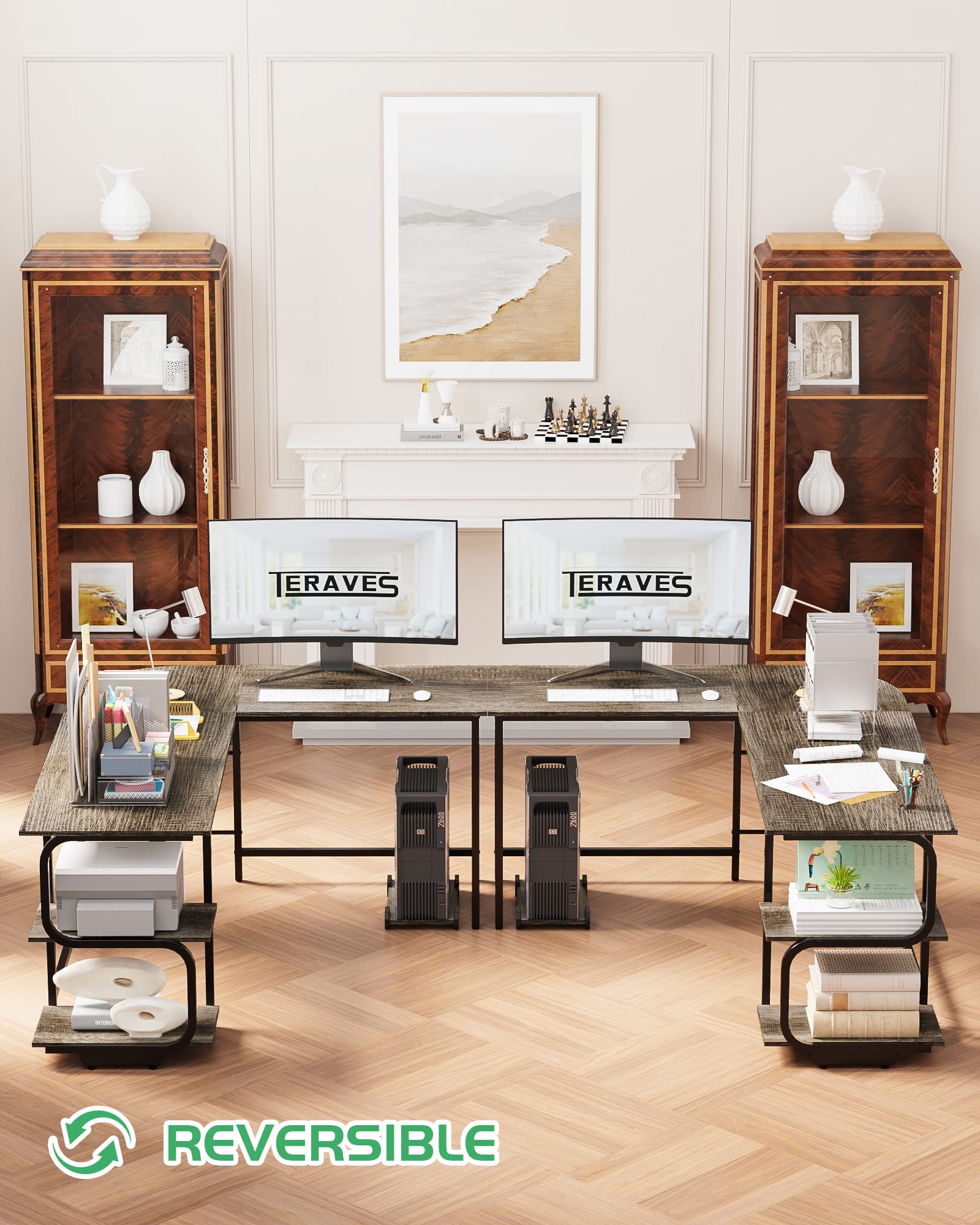 L-Shaped Desk with Storage Shelves & Monitor Stand Hole