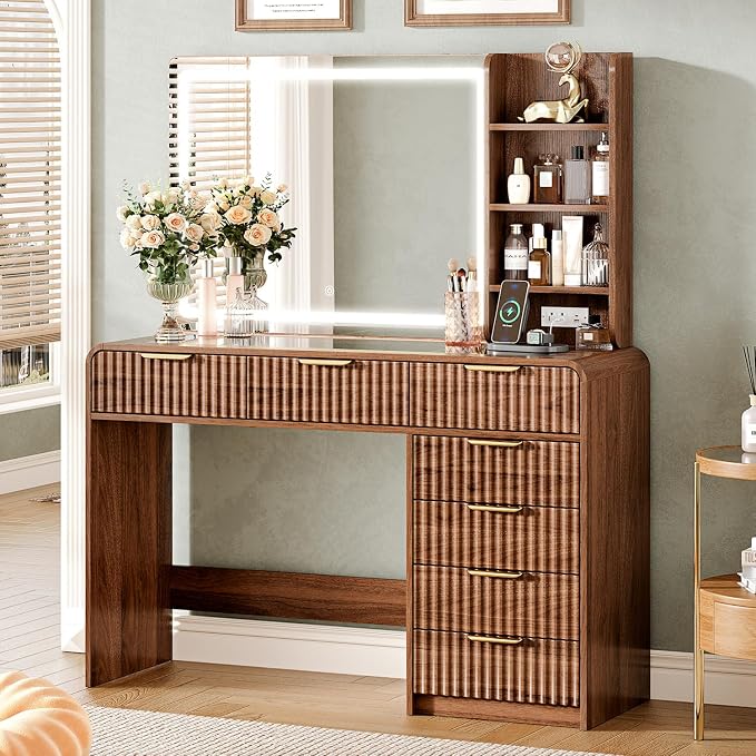 Walnut Makeup Vanity with LED Mirror