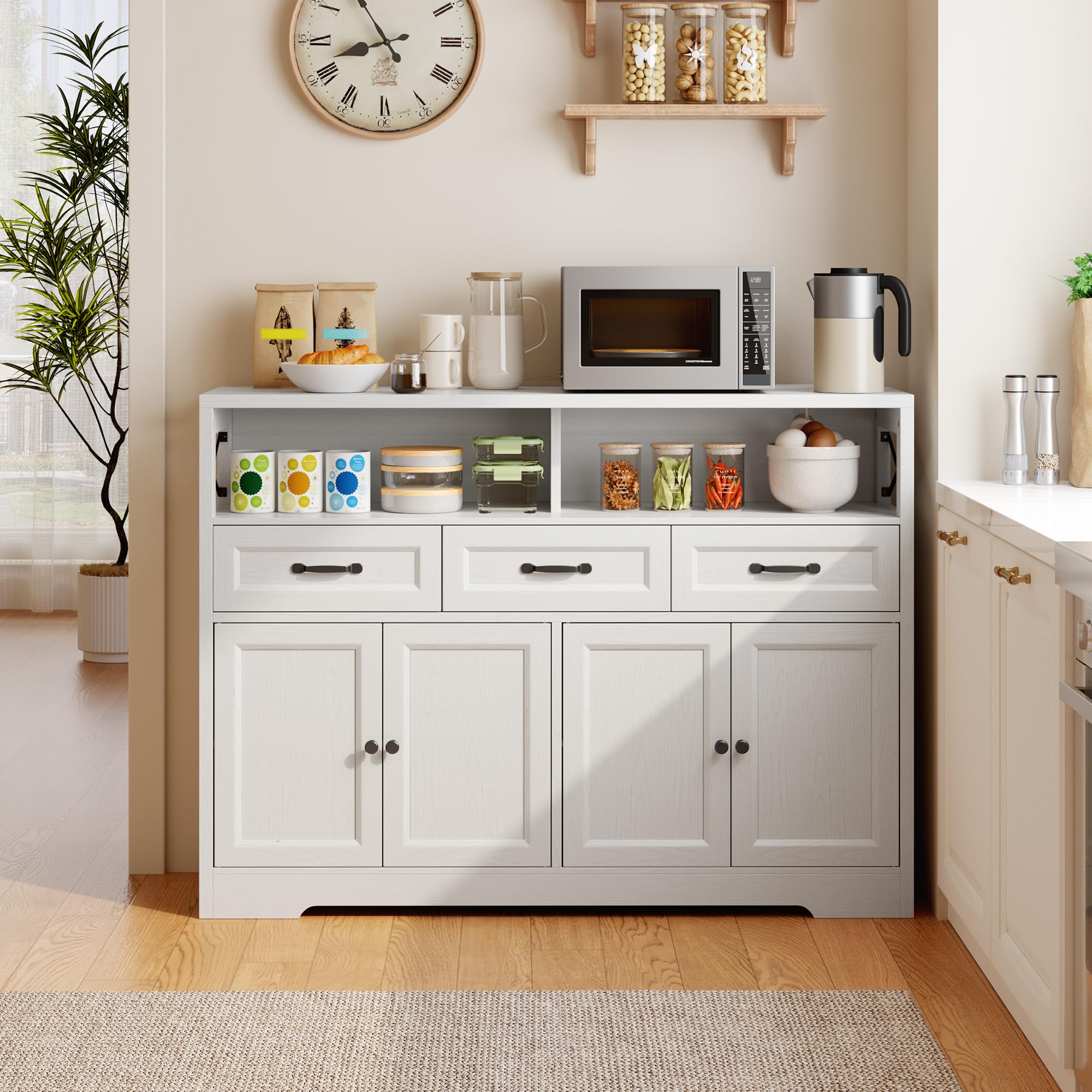 Ahomly 51" Buffet Cabinet with Adjustable Storage, Charging Port - 3 Drawers & 4 Doors Large Sideboard, Multi - Scene Coffee Bar/Microwave Stand for Kitchen,Living Room,Entryway（White）
